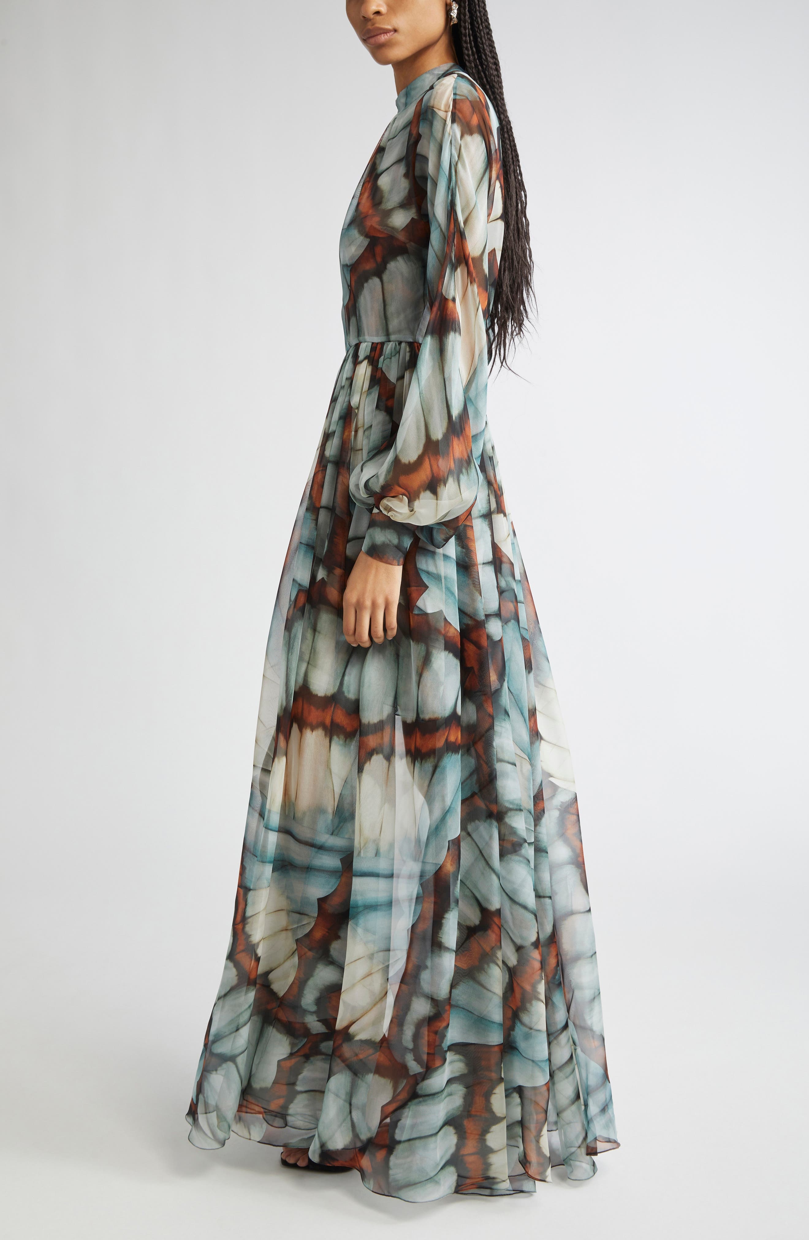 Oscar de la Renta Butterfly Print Long Sleeve Silk Chiffon Gown in Blue Multi at Nordstrom - 3