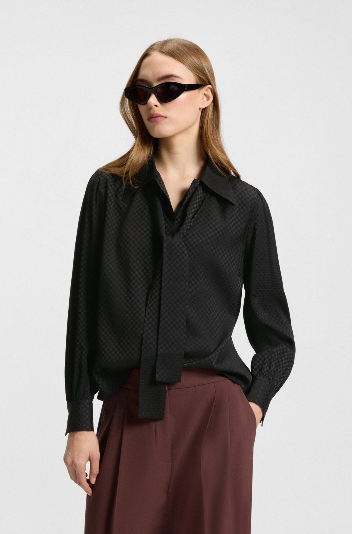 REGULAR-FIT BLOUSE IN CHECKERBOARD JACQUARD WITH TIE NECKLINE - 2