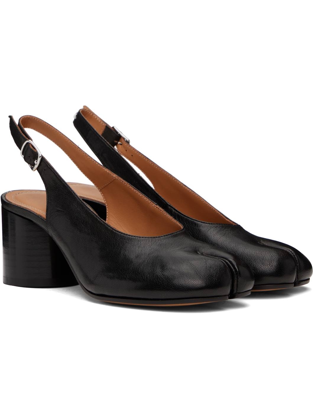 Black Tabi Leather Slingback Heels - 4