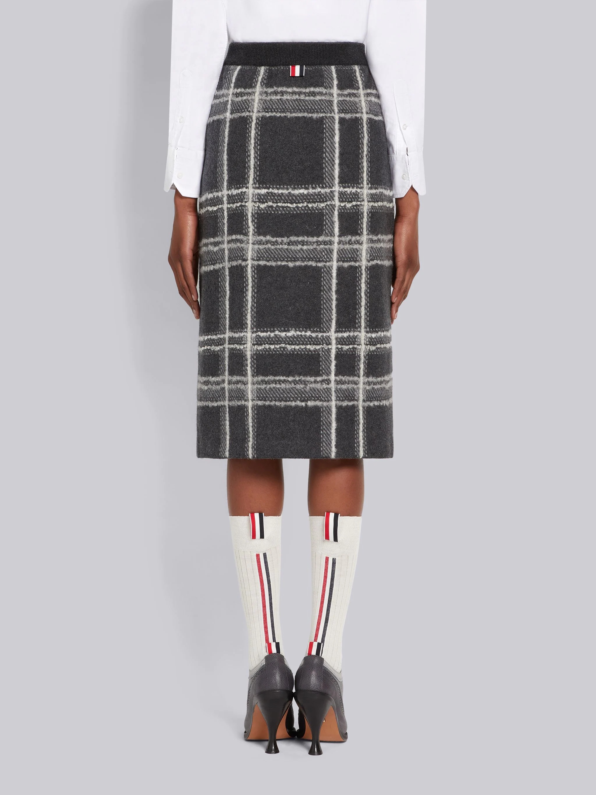 Dark Grey Hairline Madras Check Jacquard Boiled Wool Box Pleat Inlay Below-the-Knee Skirt - 3