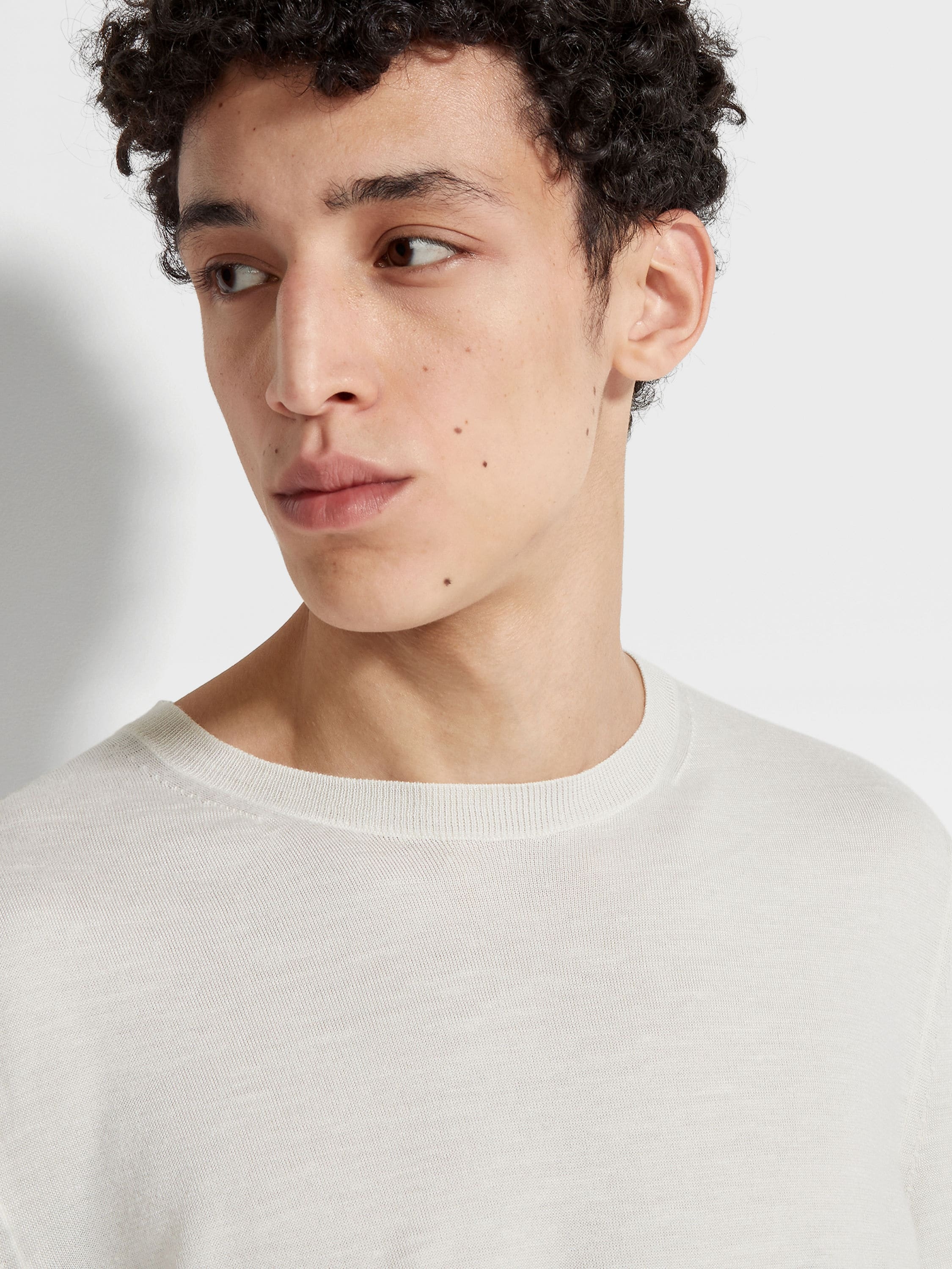 WHITE MÉLANGE SILK CASHMERE AND LINEN CREWNECK - 2