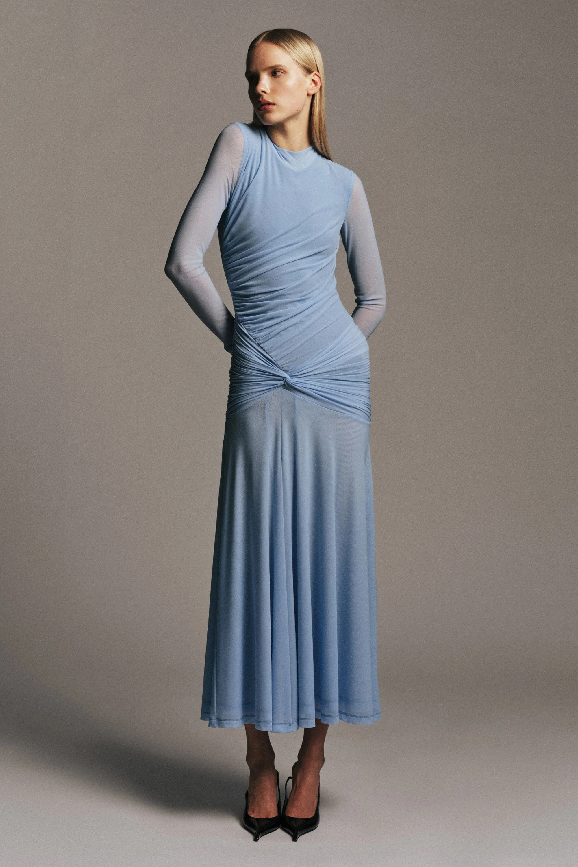 Liyana Ruched Mesh Dress In Sky Blue - 1