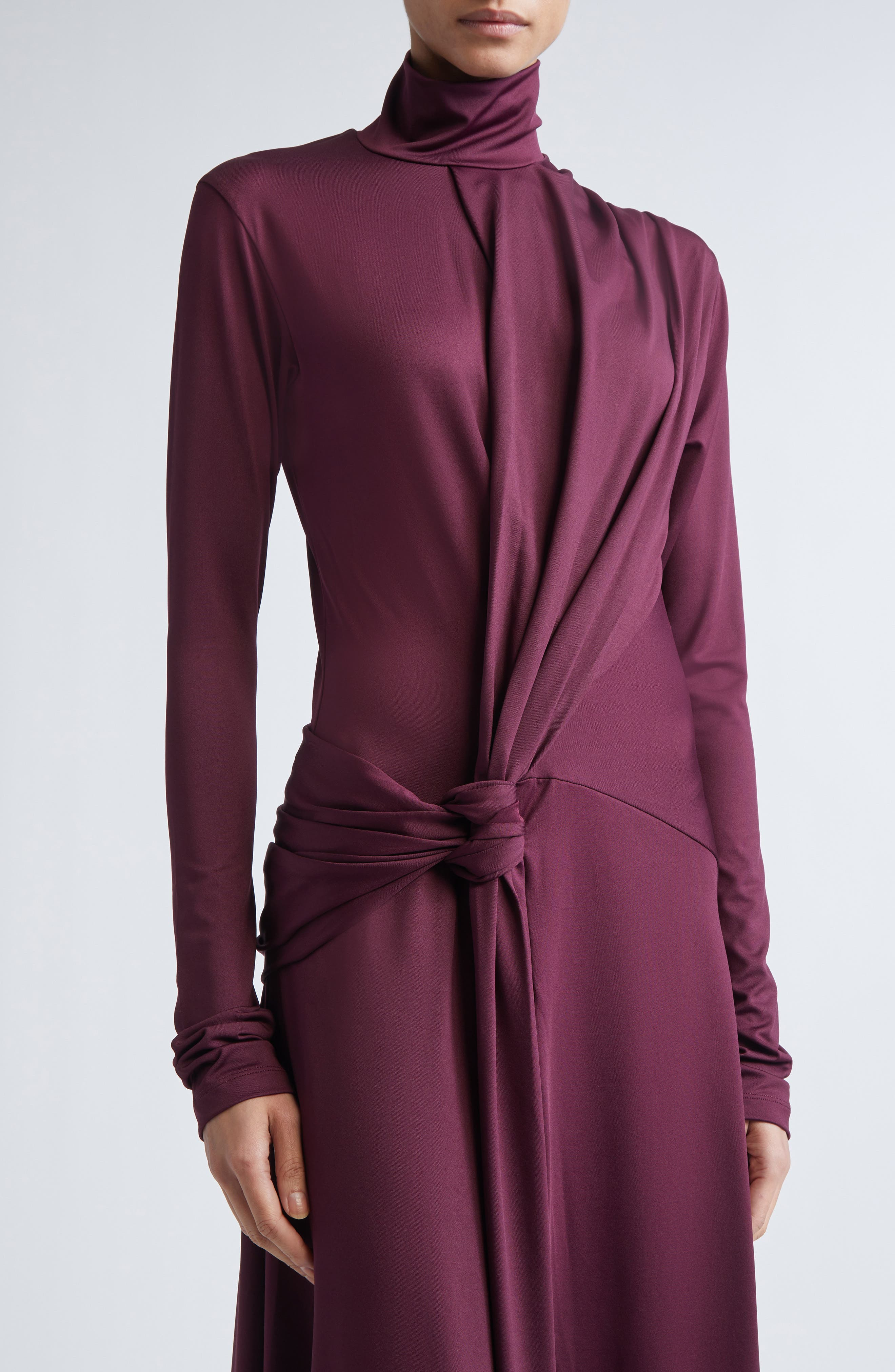 Victoria Beckham Asymmetric Mock Neck Long Sleeve Midi Dress in Merlot at Nordstrom - 4