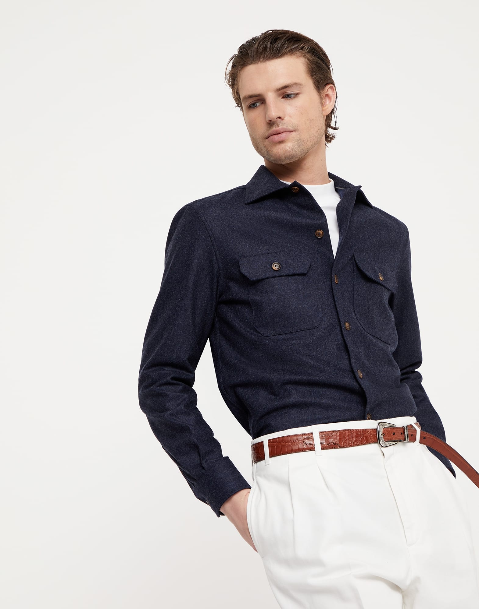 Virgin wool flannel overshirt with chest pockets - 4