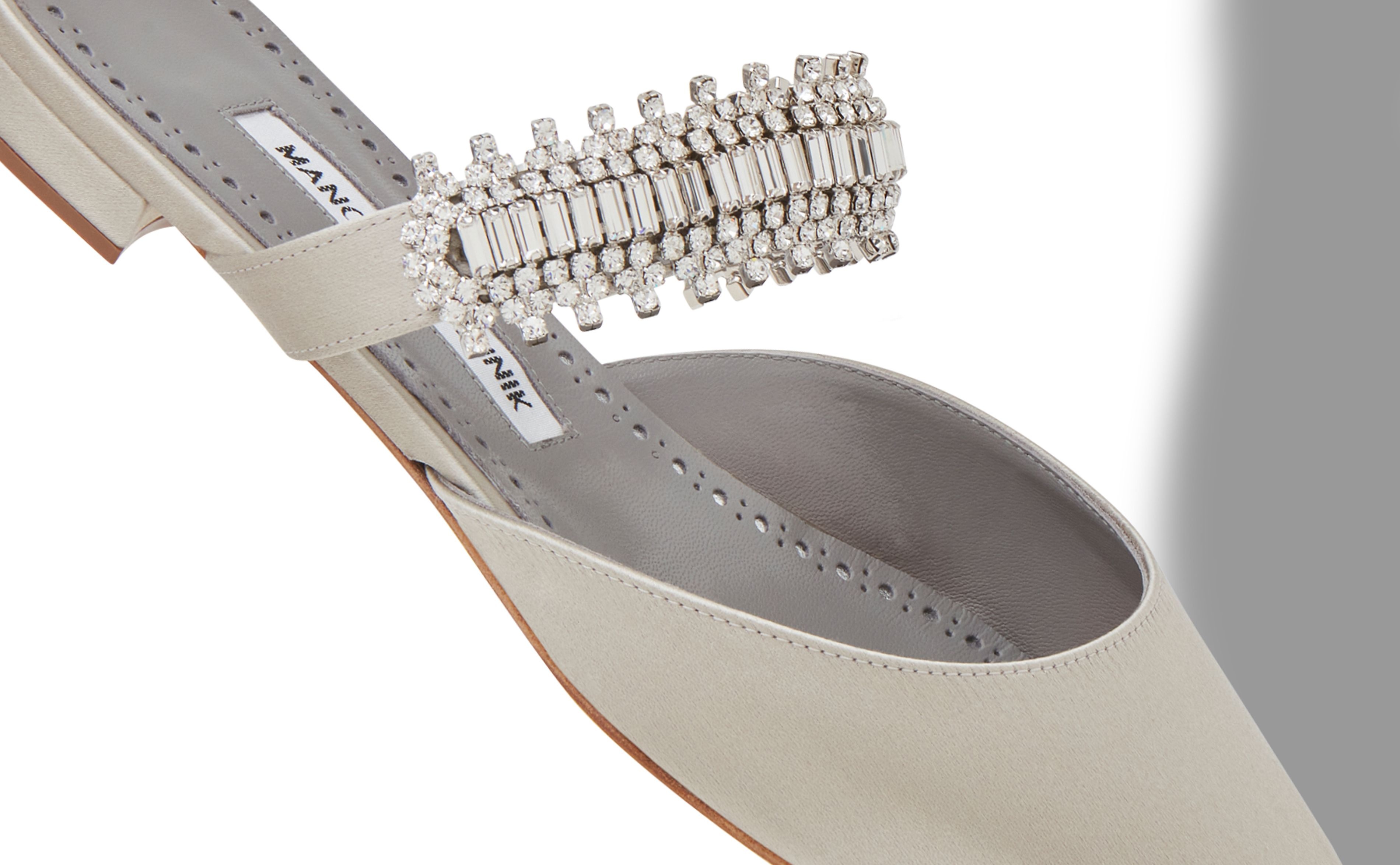 Light Grey Satin Crystal Embellished Flat Mules - 4