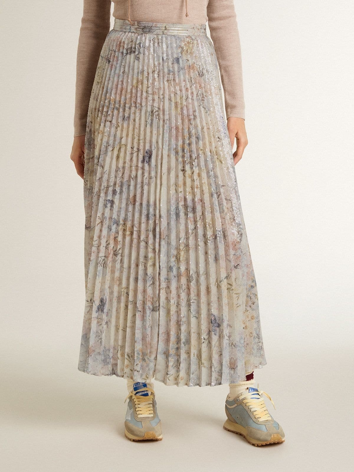Women's long pleated skirt with multicolor floral sequin print - 2