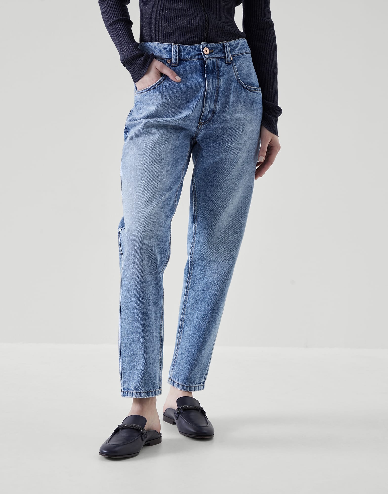 Authentic denim straight trousers with shiny bartack - 1