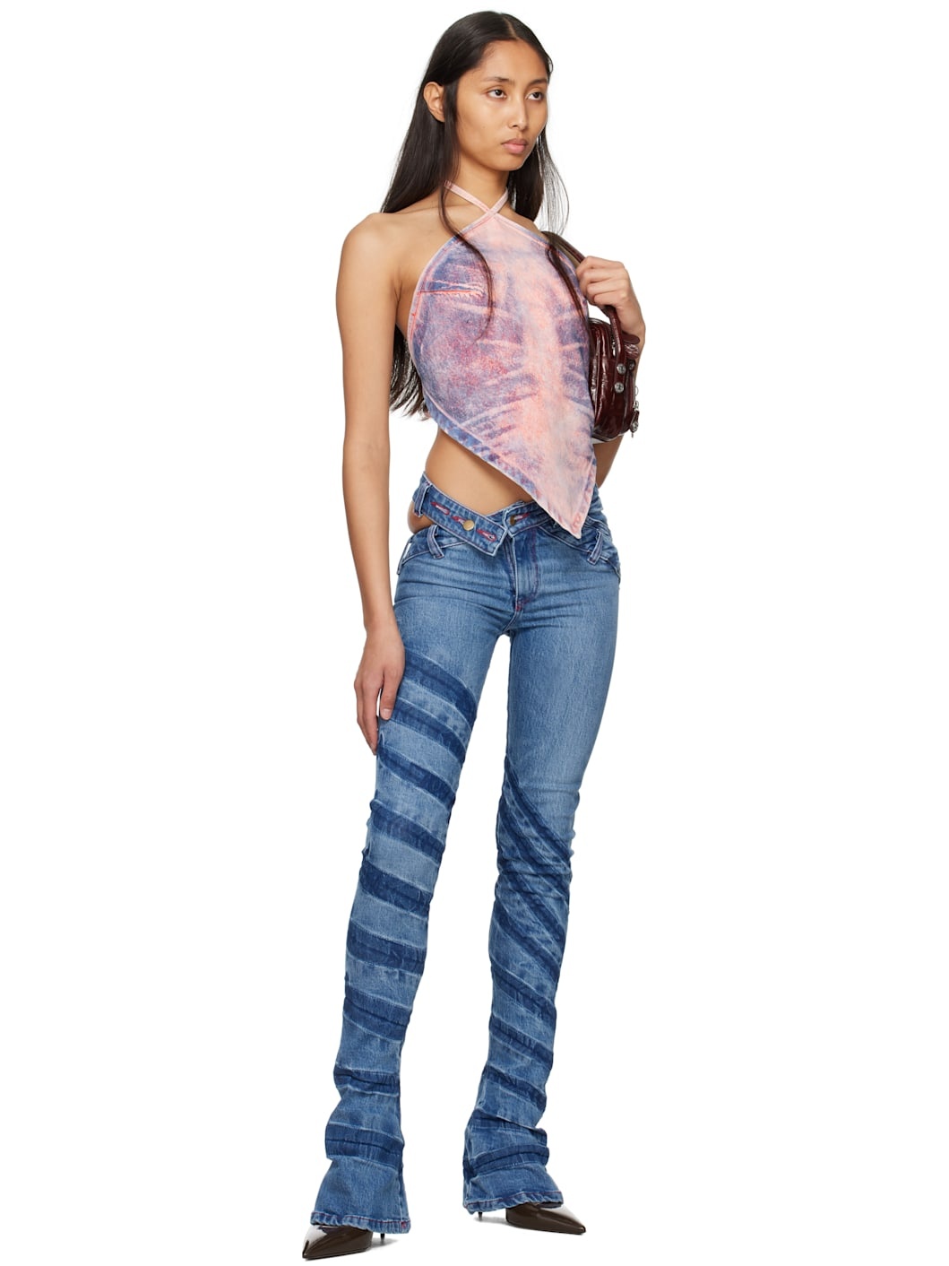 Blue Stripe Bias Cut Bell Bottom Jeans - 4