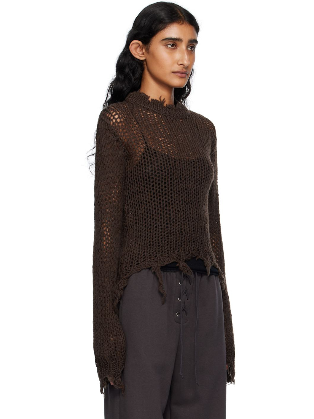 Brown Distressed Crop Knit Sweater - 2