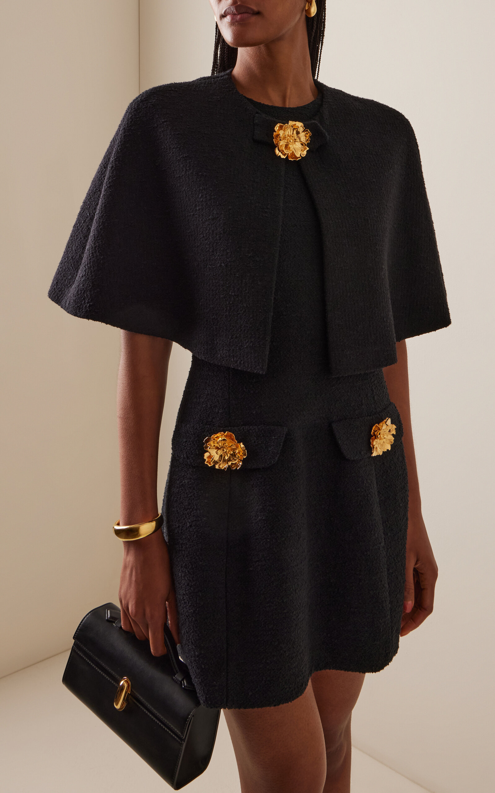 Cape-Detailed Cotton-Wool Tweed Jacket black - 3
