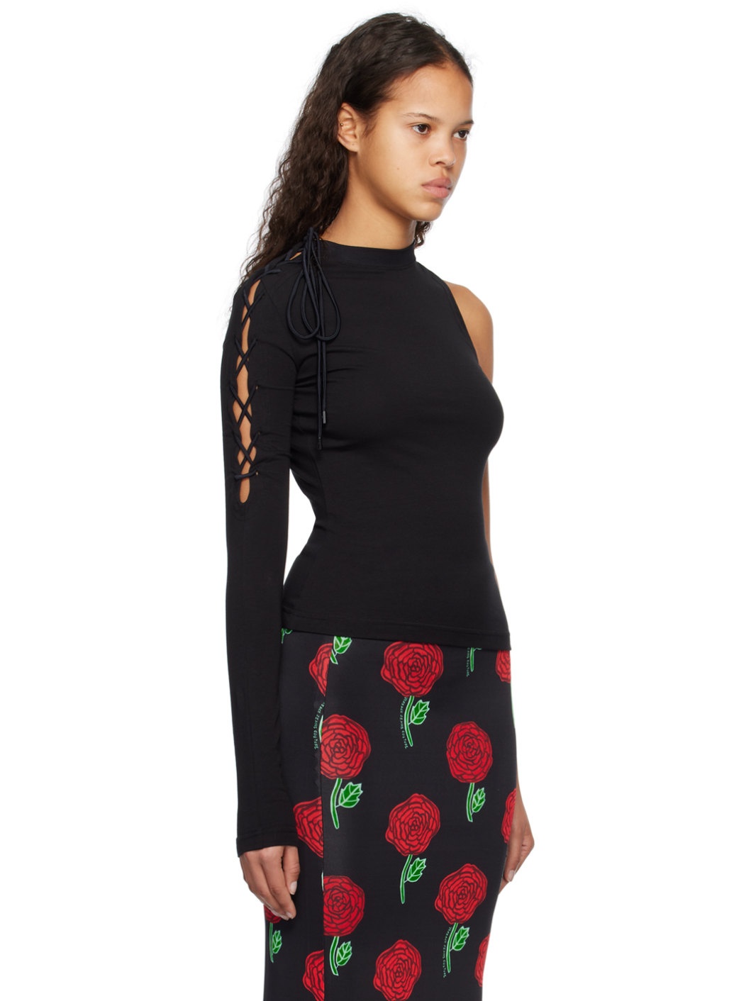 Black Lace-Up Long Sleeve T-Shirt - 2