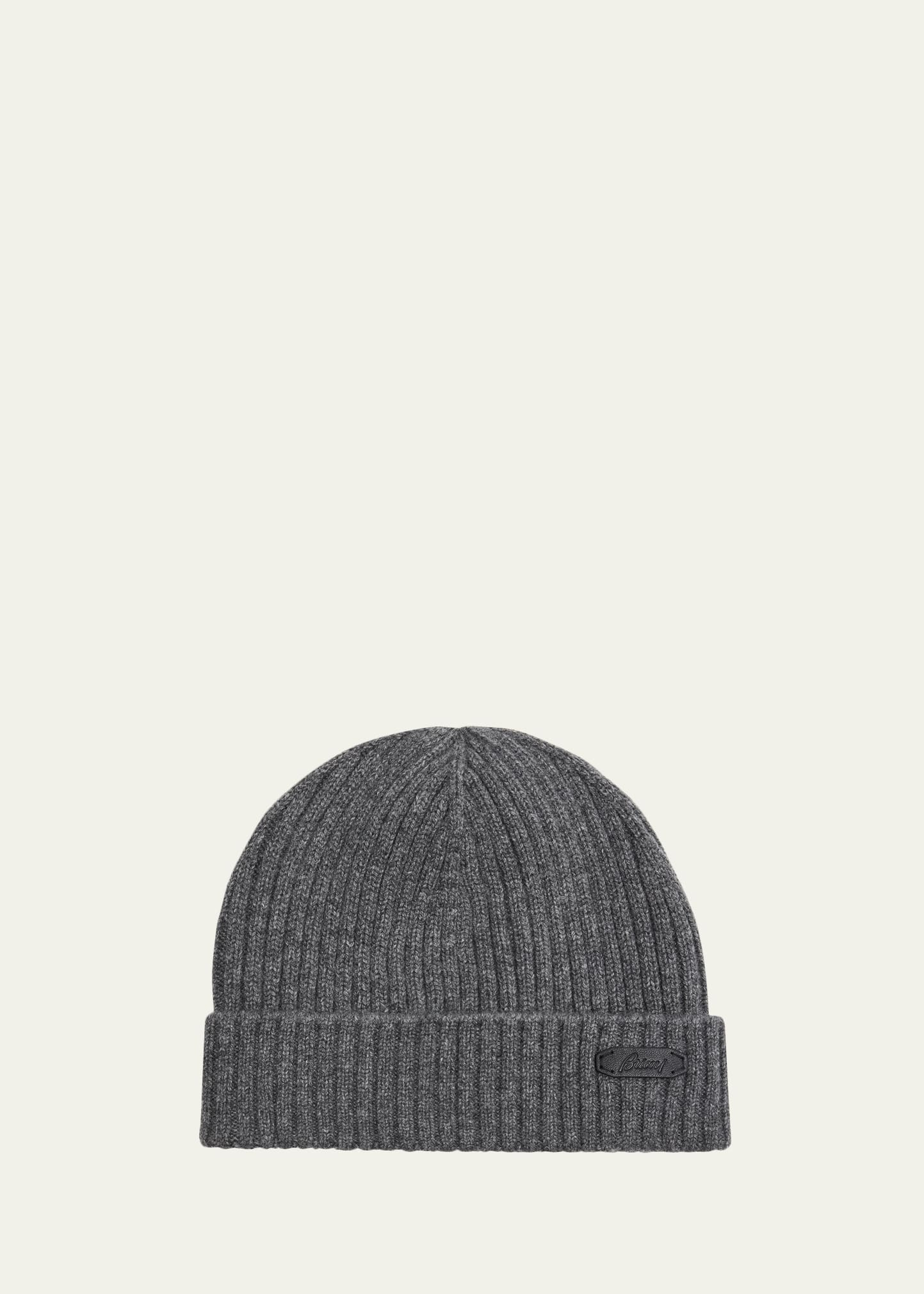 Men's Cashmere Rib Leather-Label Beanie Hat - 1
