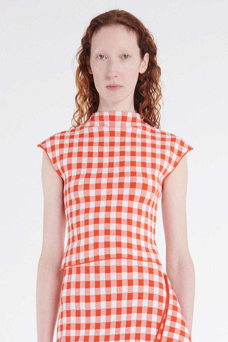 KNITTED SLEEVELESS TOP RED WHITE GINGHAM 3