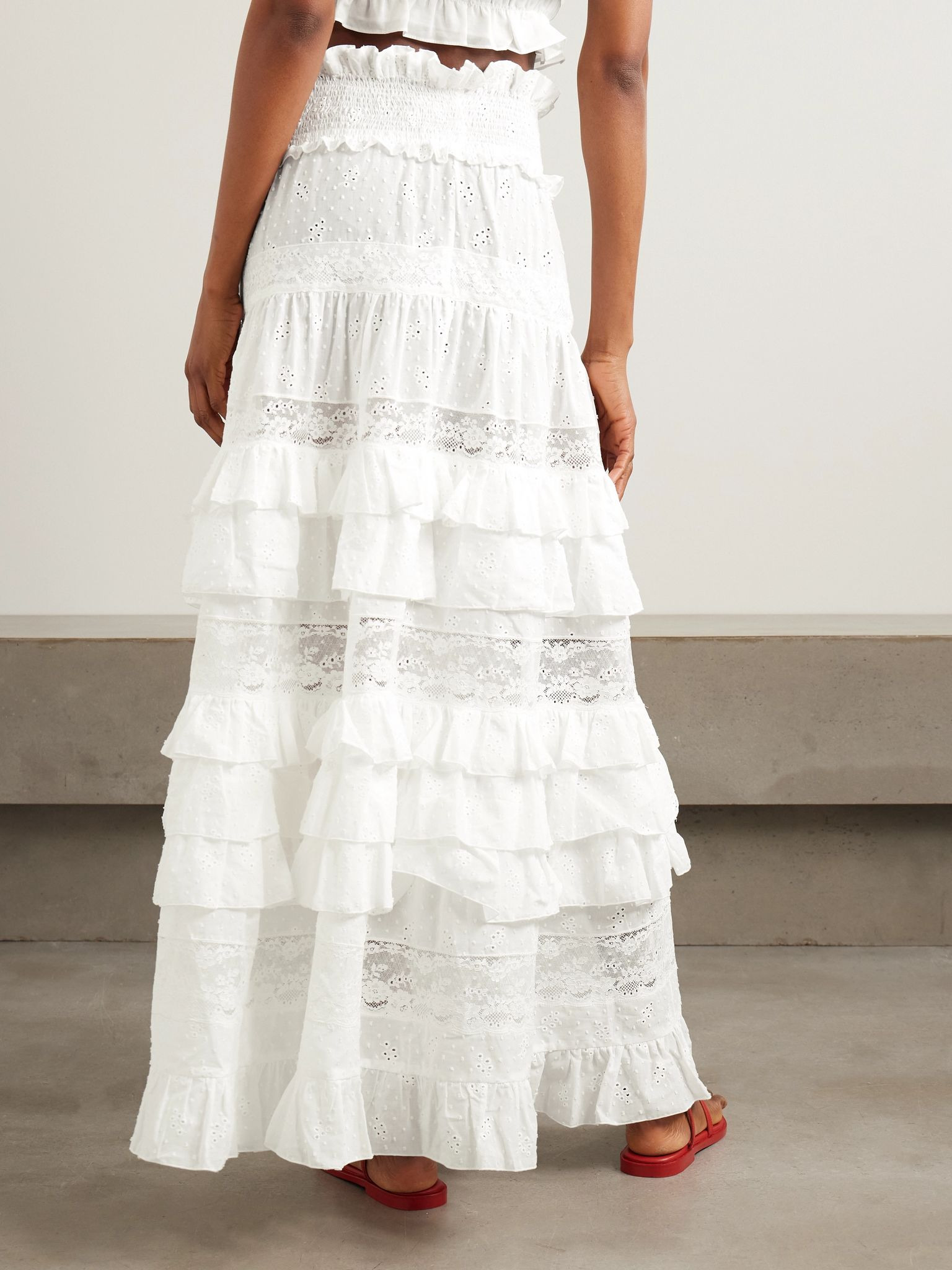 Tina tiered ruffled lace-trimmed  broderie anglaise cotton maxi skirt White - 3