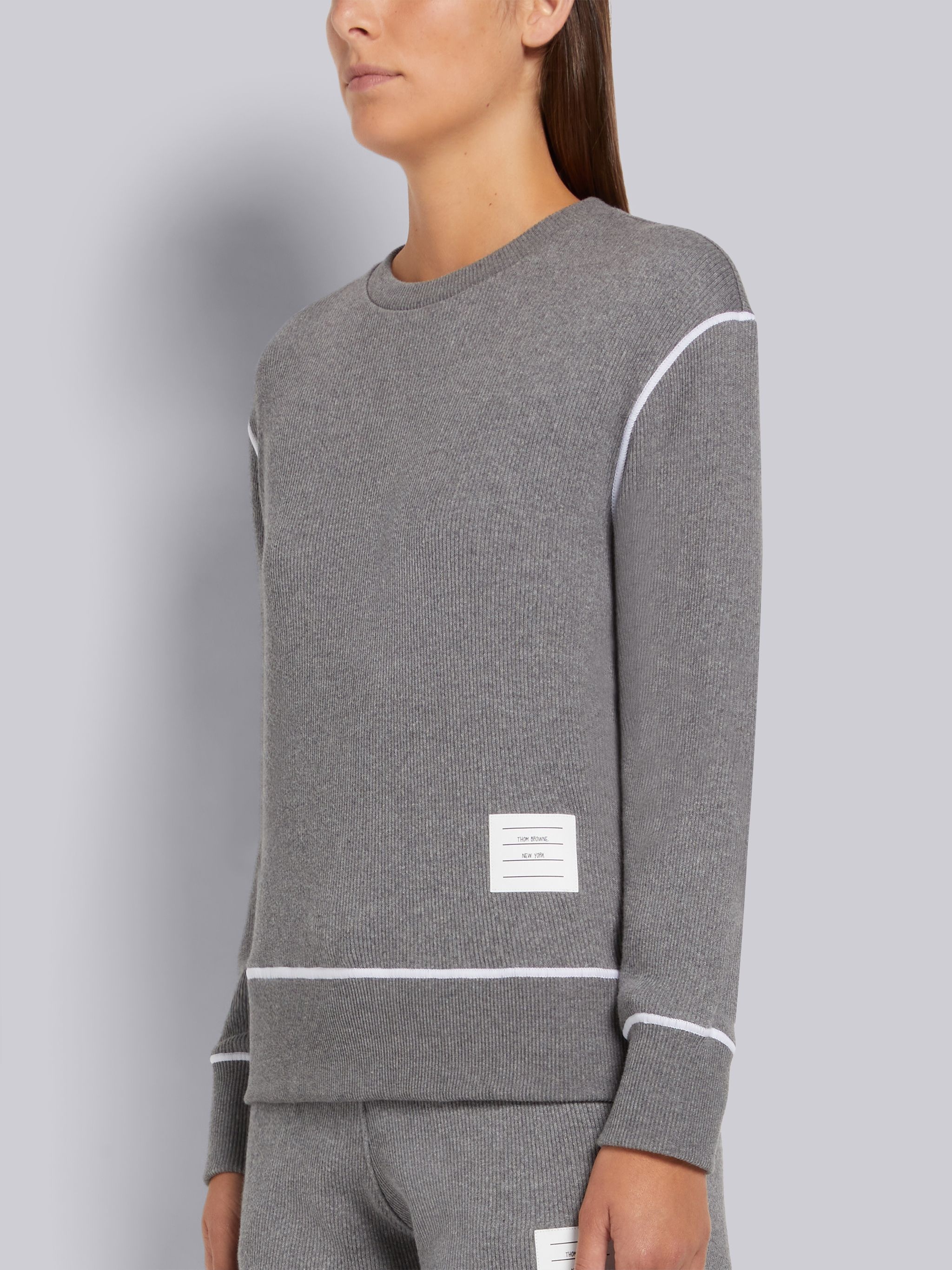 Medium Grey Mesh Back Cotton Rib Contrast Cover Stitch Crew Neck Pullover Sweatshirt - 2