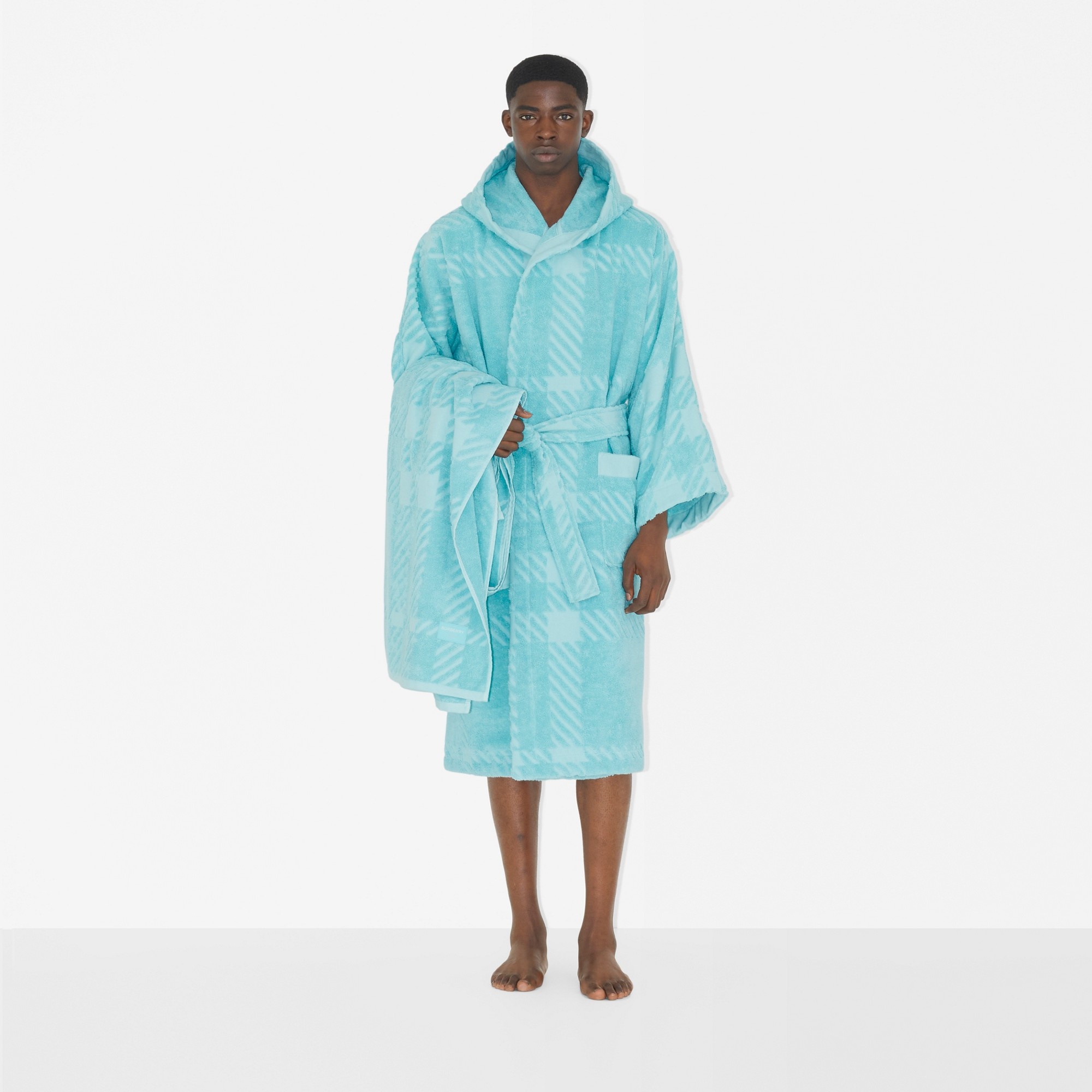 Check Cotton Jacquard Hooded Robe - 5