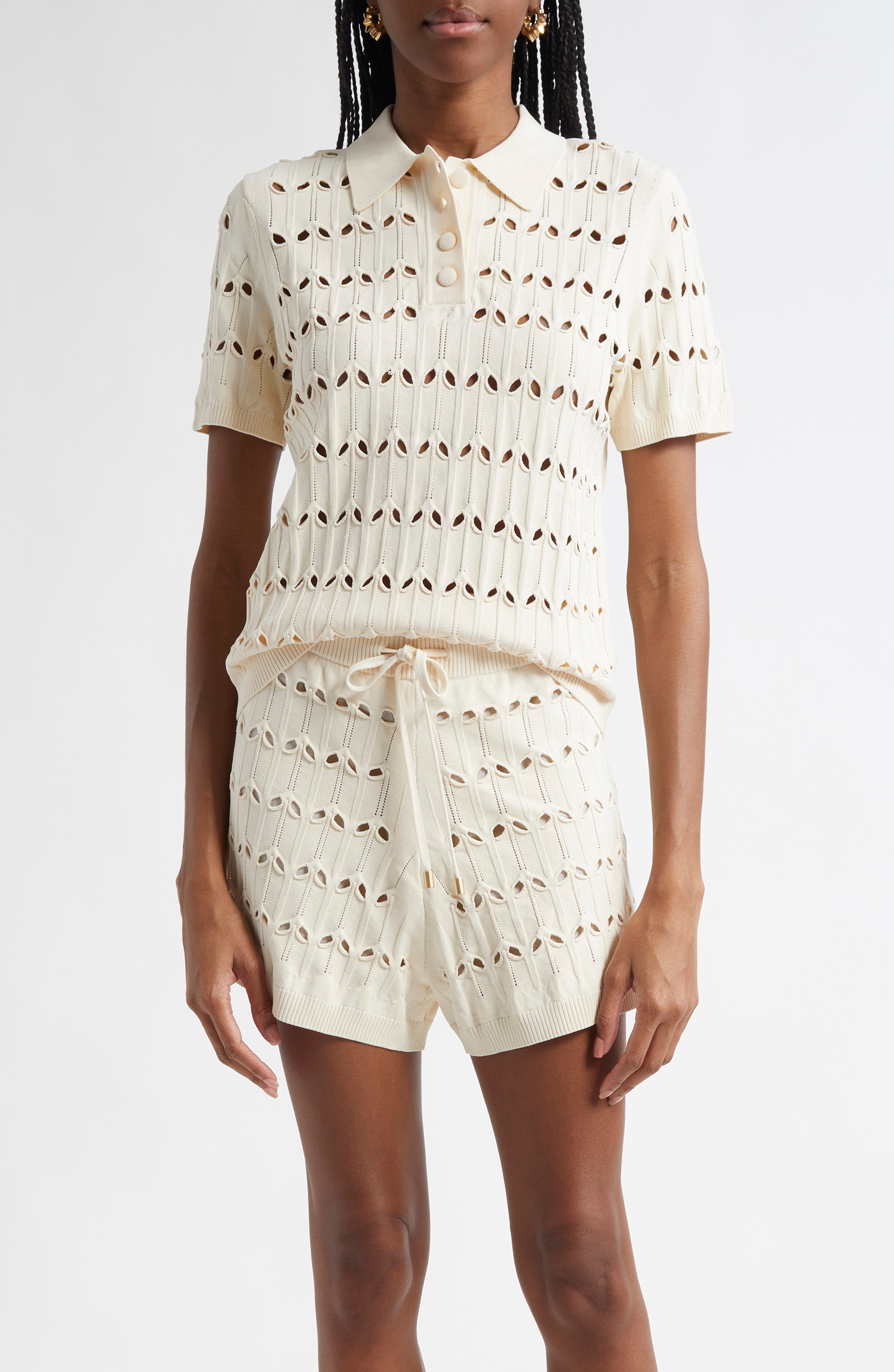 Zimmermann Rhiannon Pointelle Sweater Polo in Cream at Nordstrom - 1