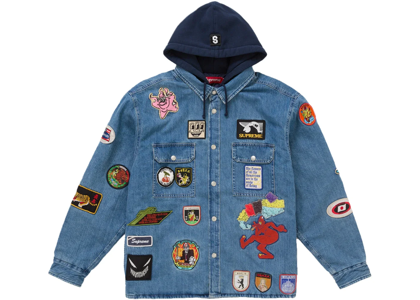 Supreme Patches Hooded Zip Up Shirt Denim - 1