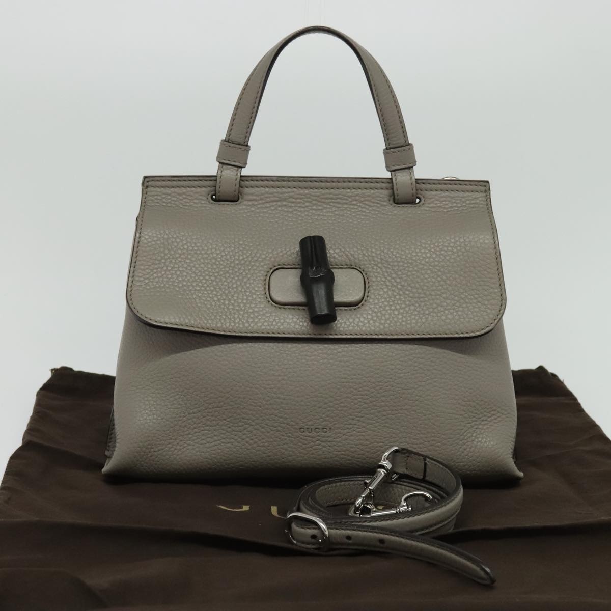 GUCCI Bamboo Daily Hand Bag Leather Gray Silver - 12