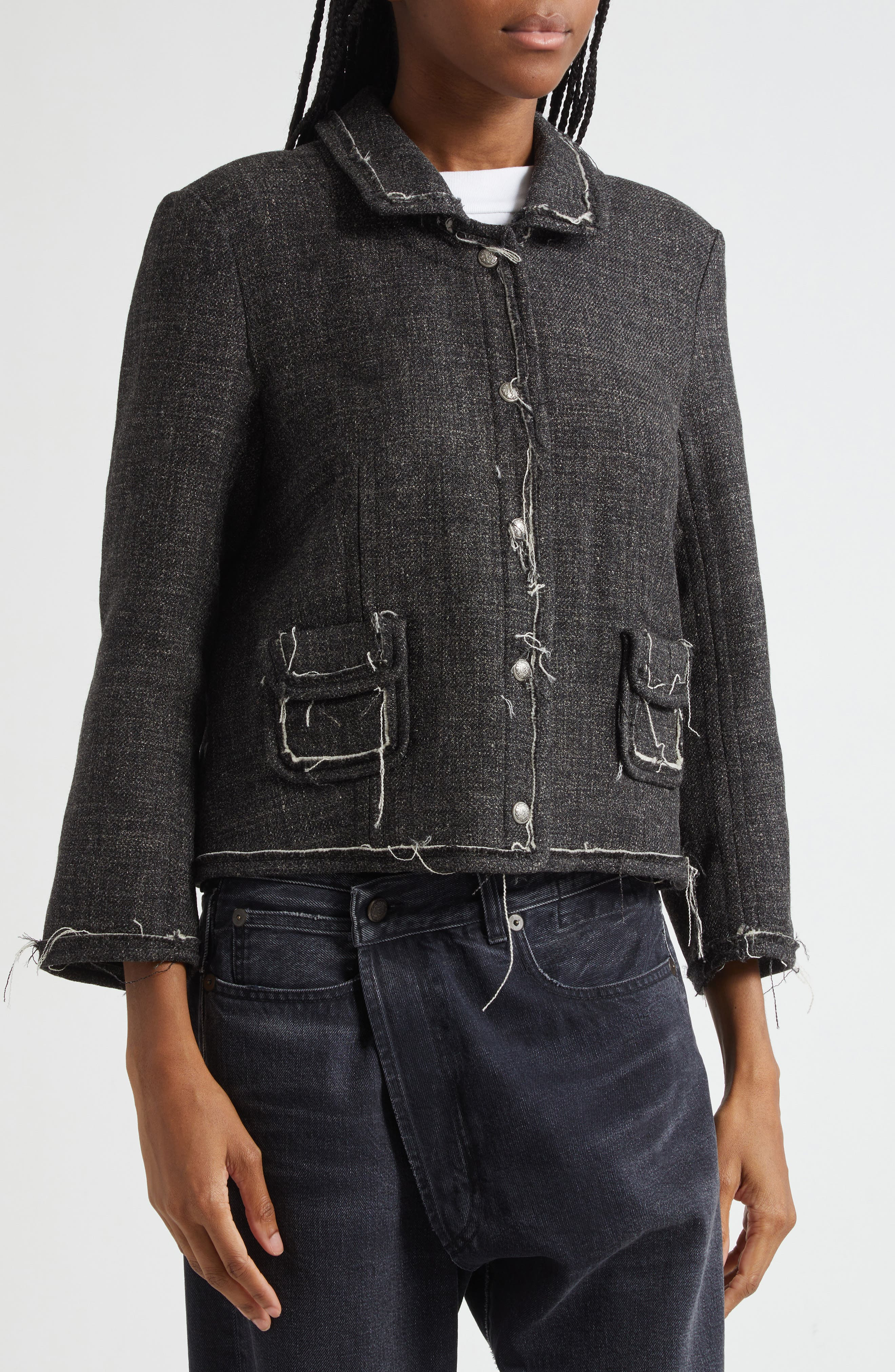 R13 Virgin Wool & Linen Boxy Jacket in Dark Grey at Nordstrom - 4