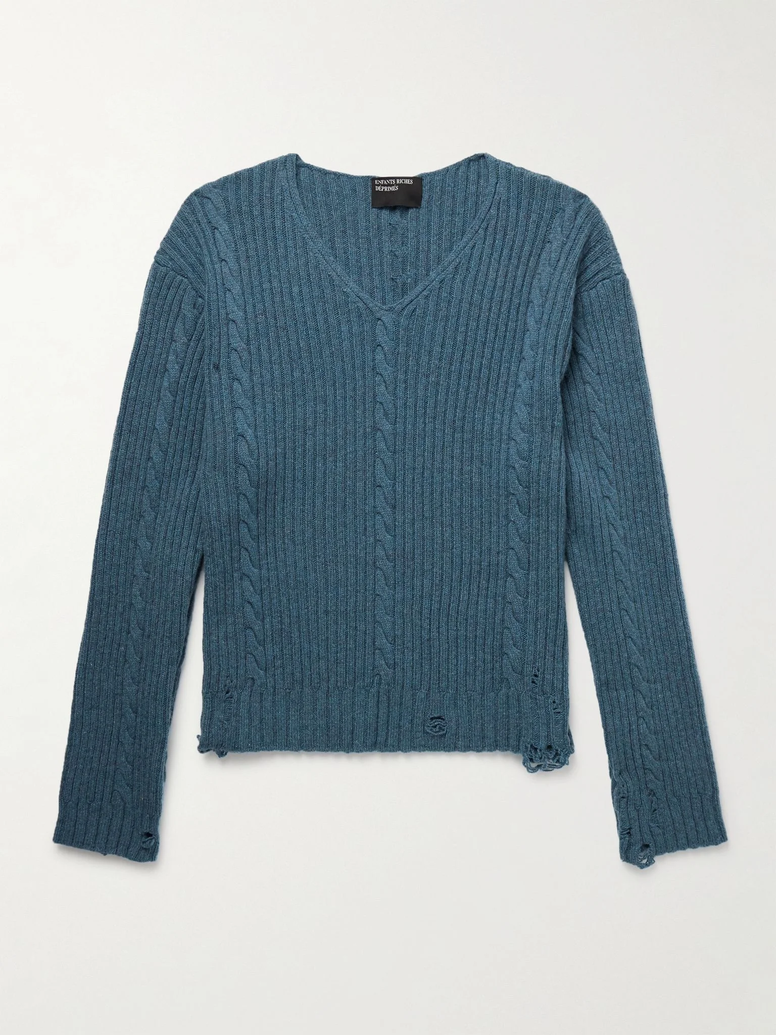 Distressed Cable-Knit Cashmere Sweater Blue - 1