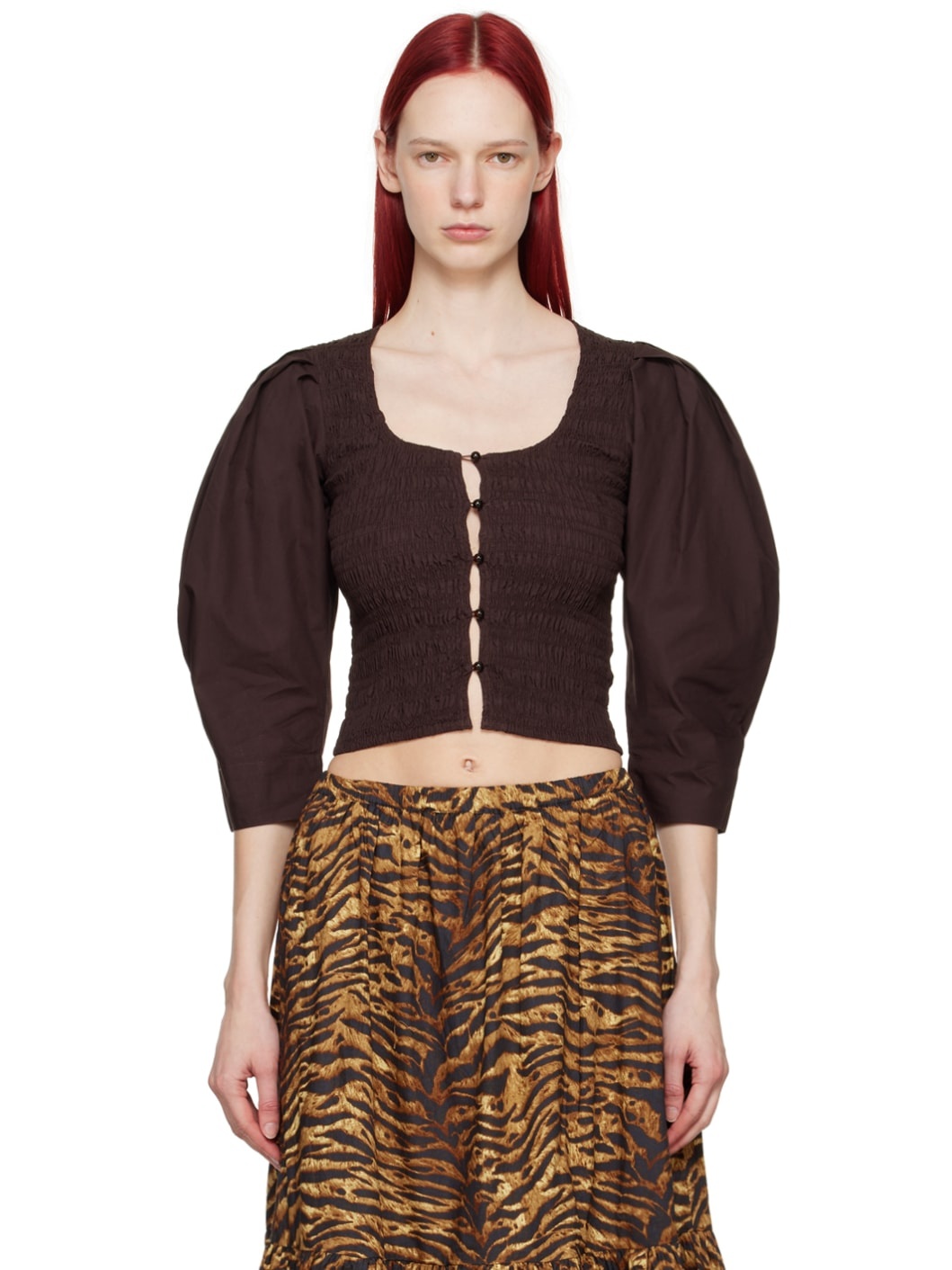 Brown Smocked Blouse - 1