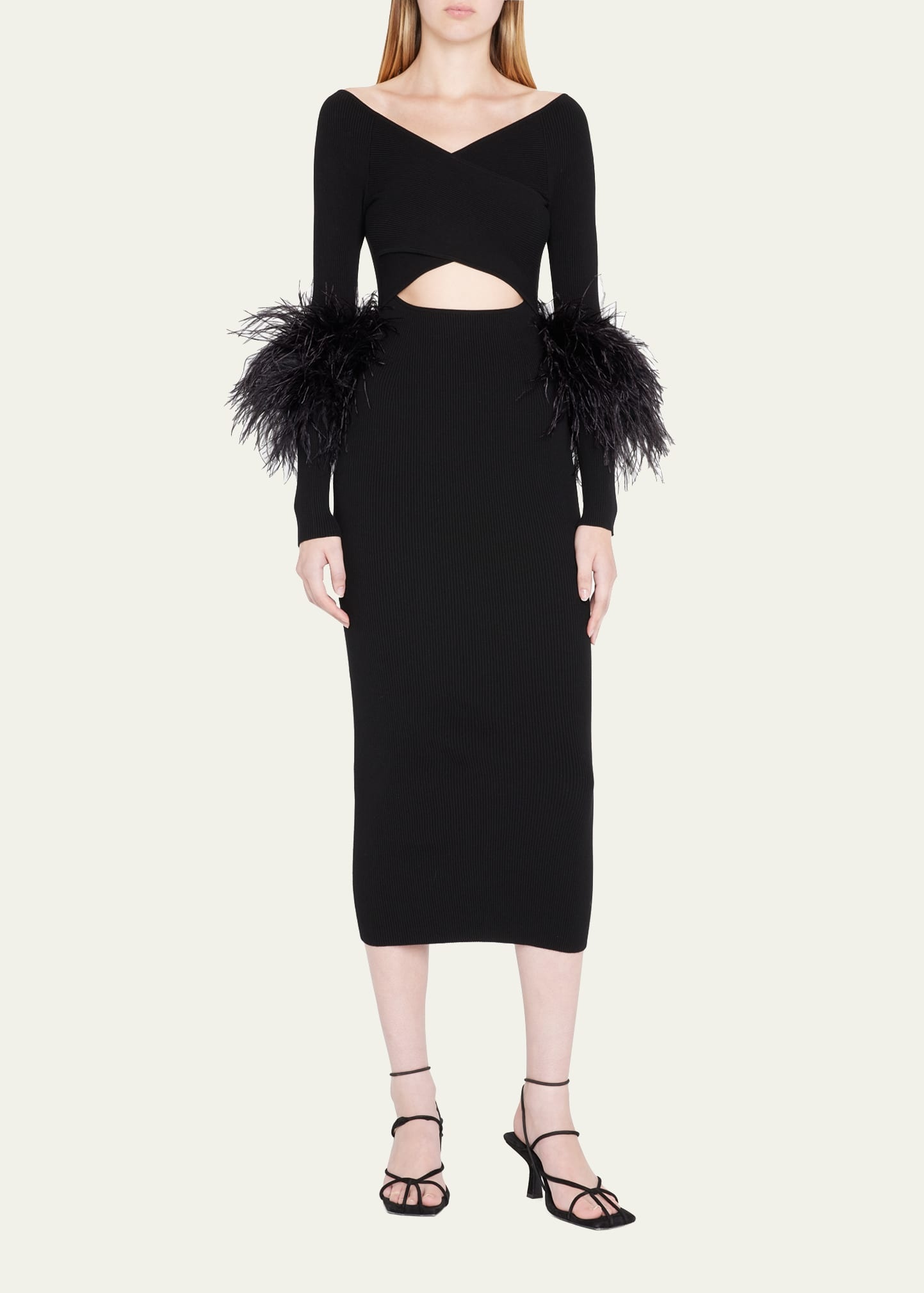 Criss-Cross Cutout Midi Dress w/ Feather Trim - 2