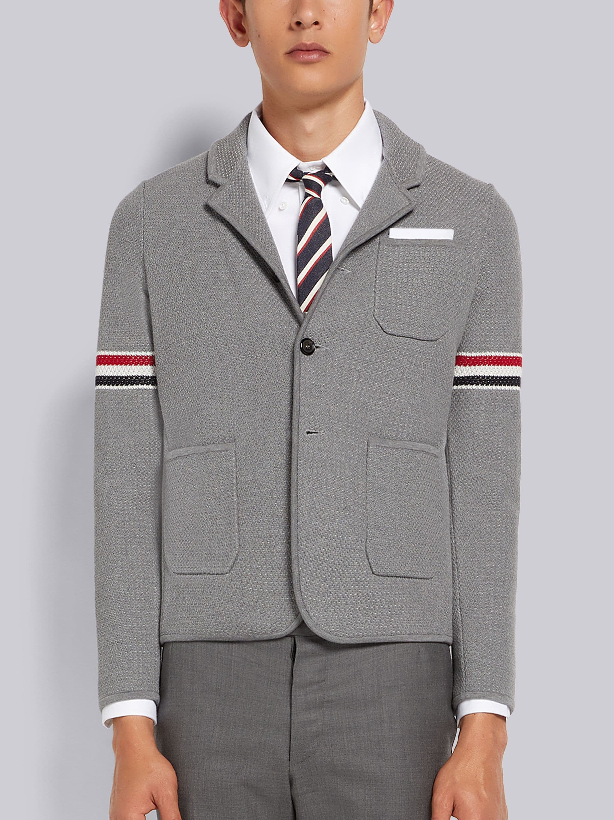 Light Grey Textured Jacquard Stripe Armband Jacket - 1