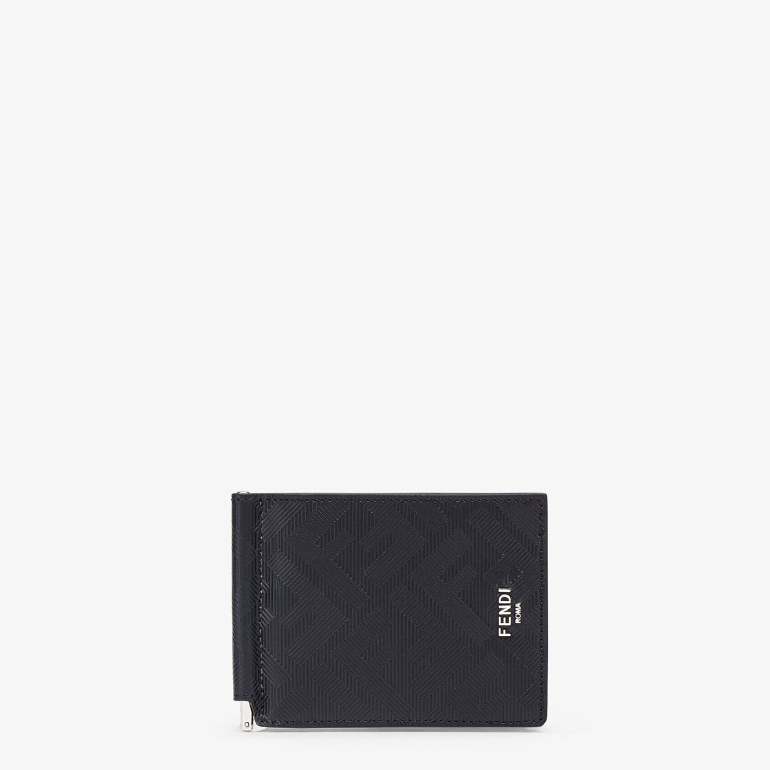 Flip-cover money clip with interior organized into six card slots. Made of black leather with emboss - 1