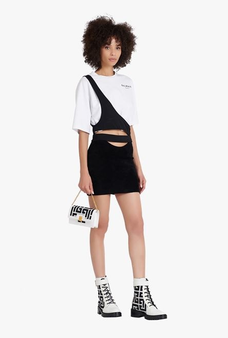 Destructured cropped white eco-designed cotton T-shirt with black Balmain logo - 2