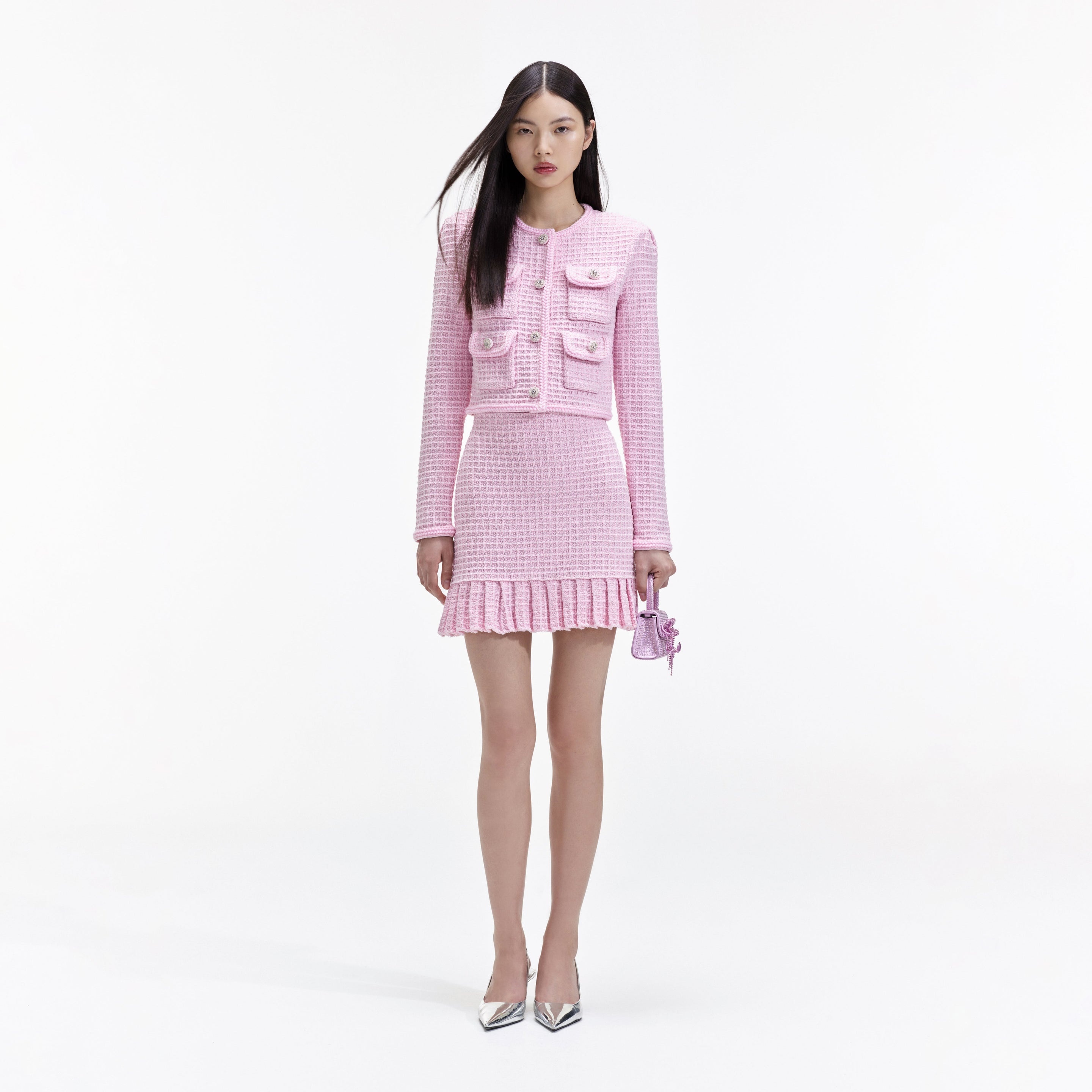 Pink Sequin Textured Knit Jacket - 1