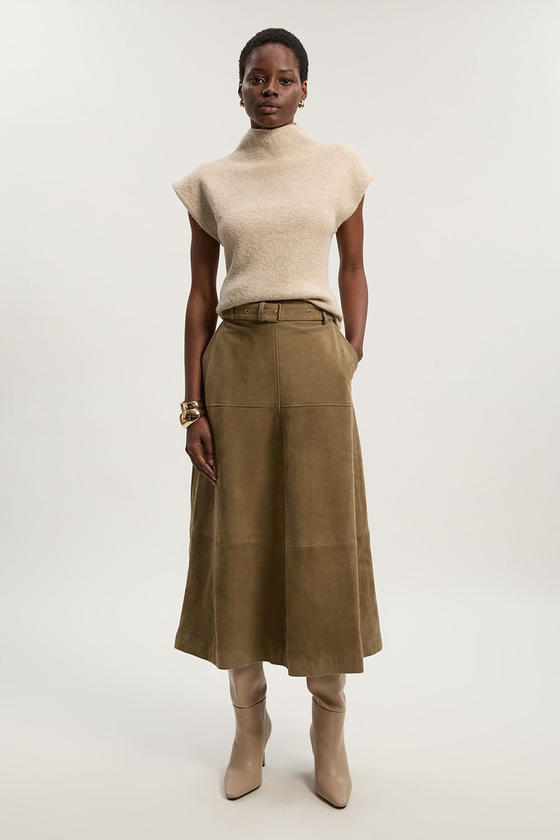 Suede Utility Belted Full Midi Skirt 1
