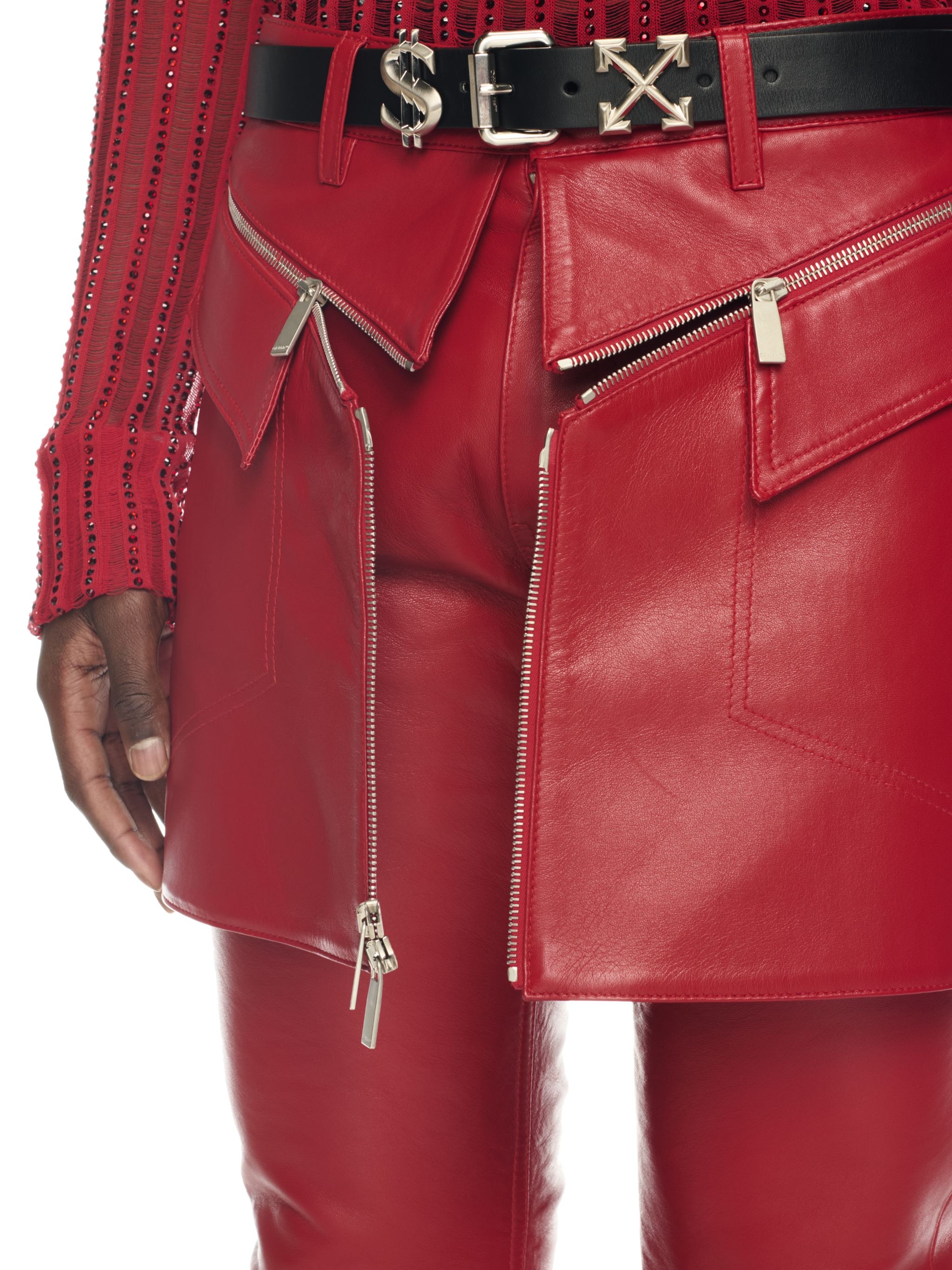 Red Leather Skinny Zip Pants - 5