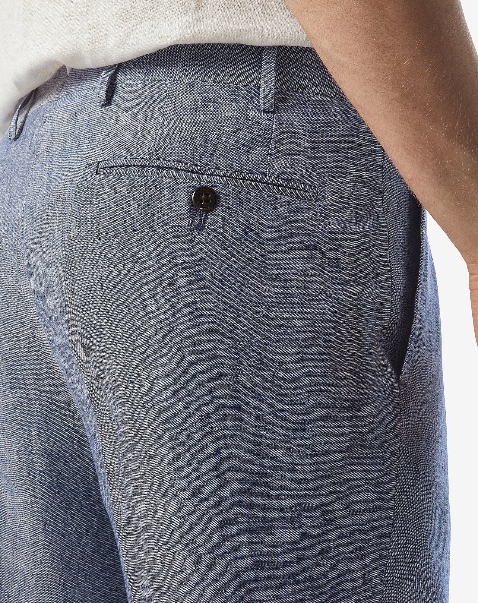 Single-dart denim blue trousers made from pure linen chambray - 5