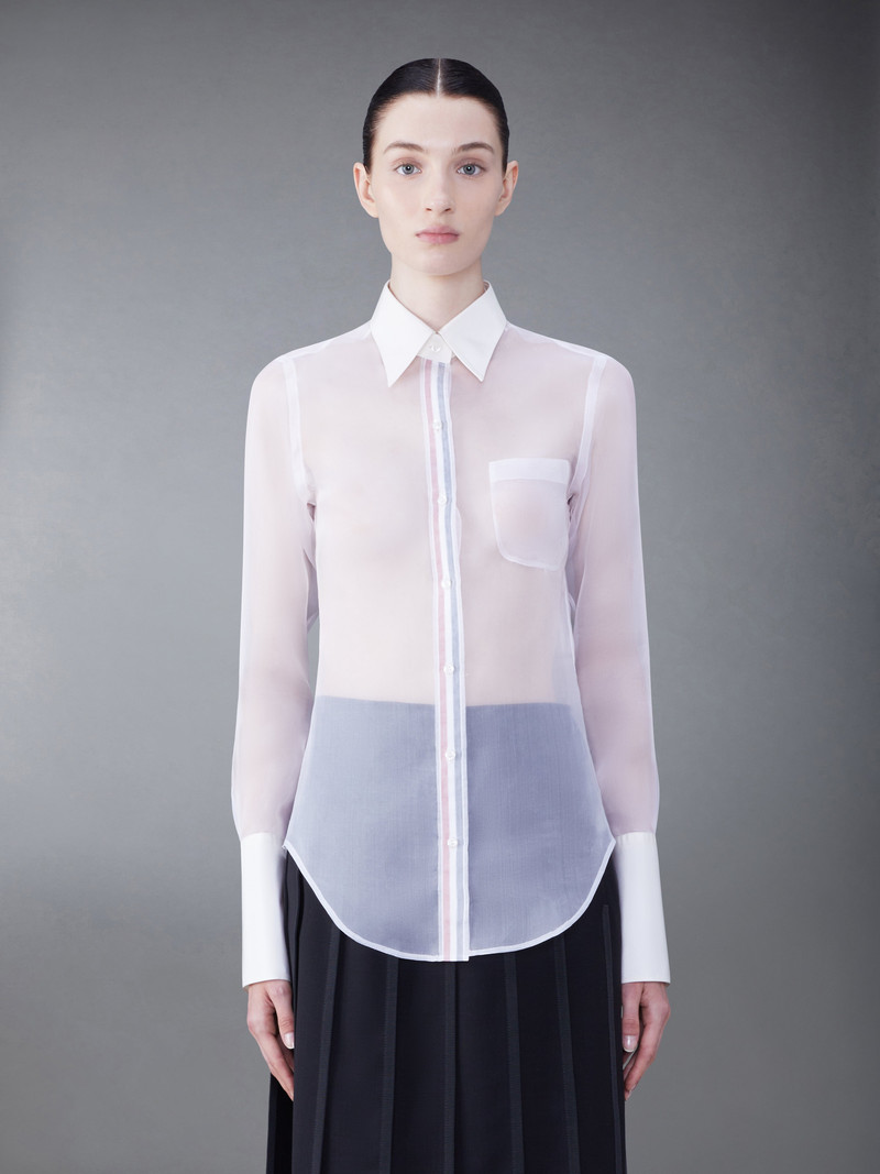 Thom Browne RWB-placket transparent silk shirt outlook