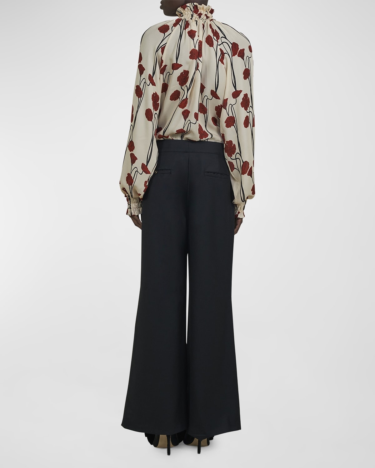 Red Petals Neck-Tie Long-Sleeve Silk Top - 4