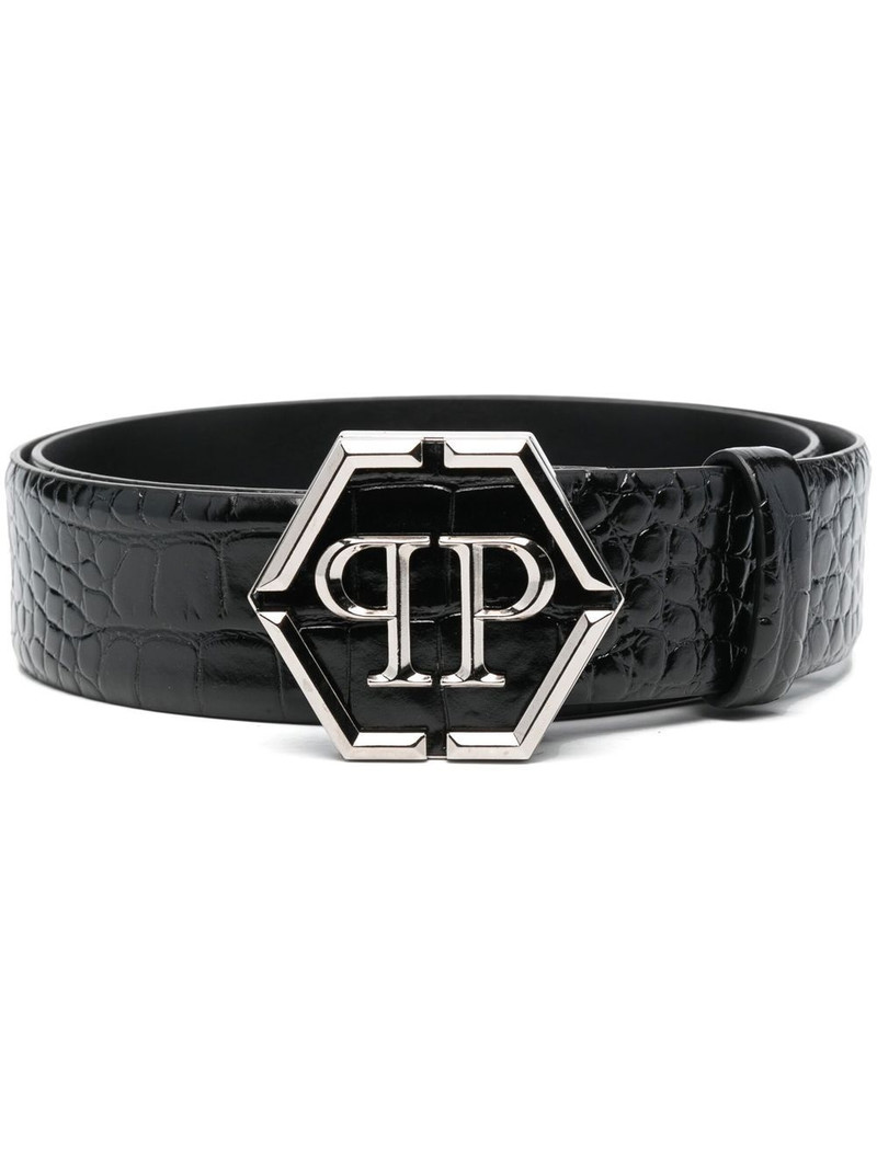 hexagon logo-buckle leather belt 1