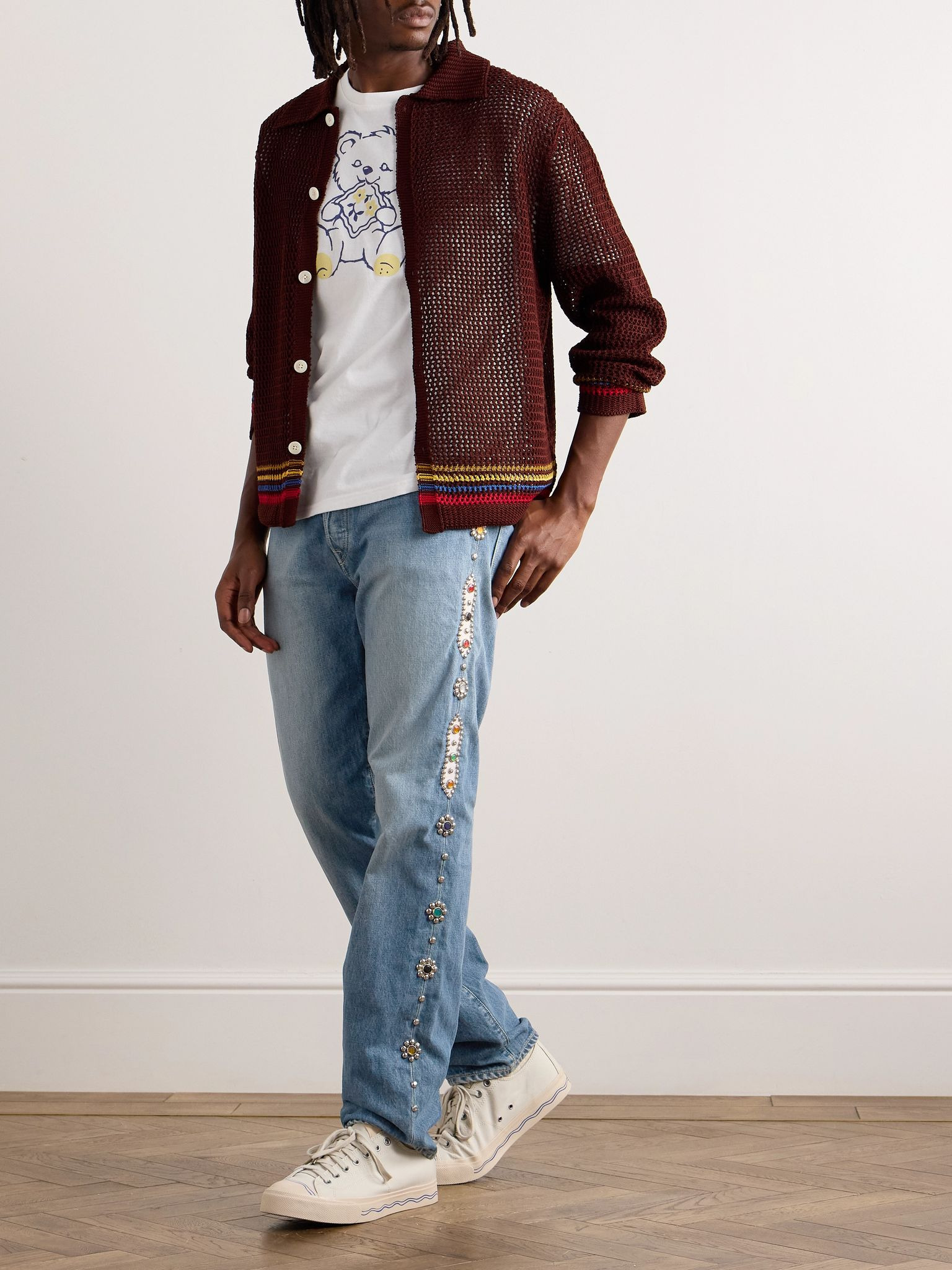 Monkey Cisco Straight-Leg Leather-Trimmed Embellished Jeans Blue - 2