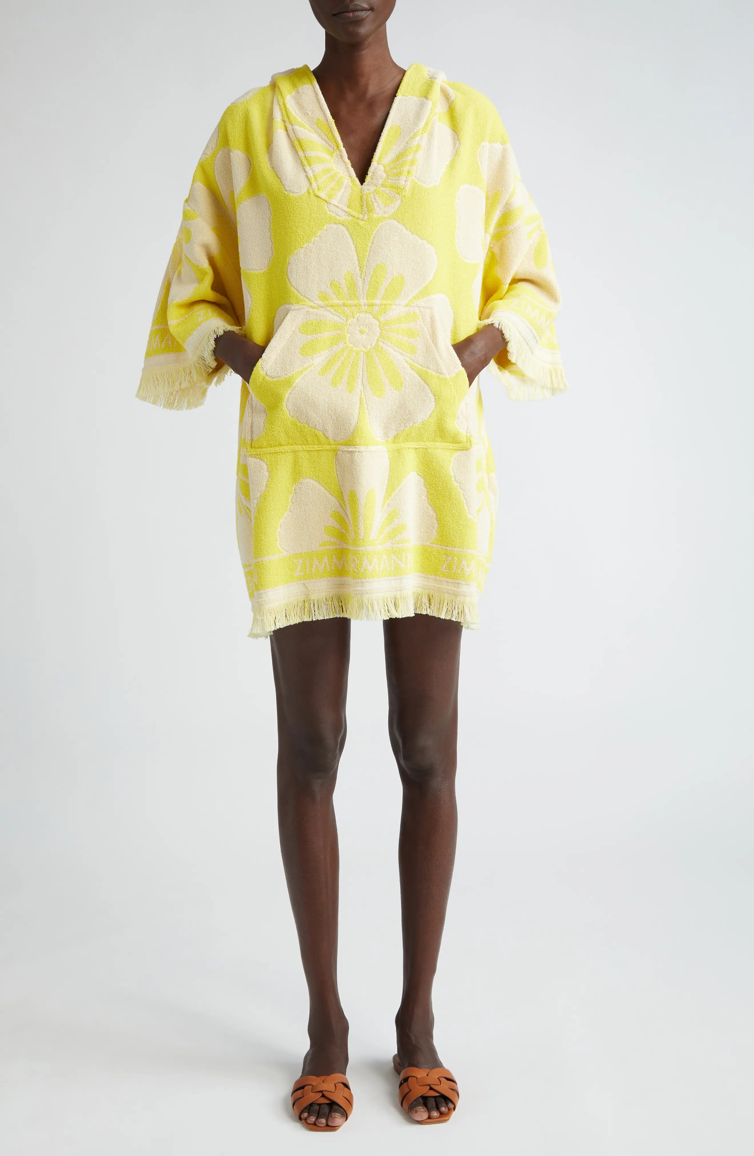 Golden Terry Cloth Hoodie Dress in Yellow/Cream - 1