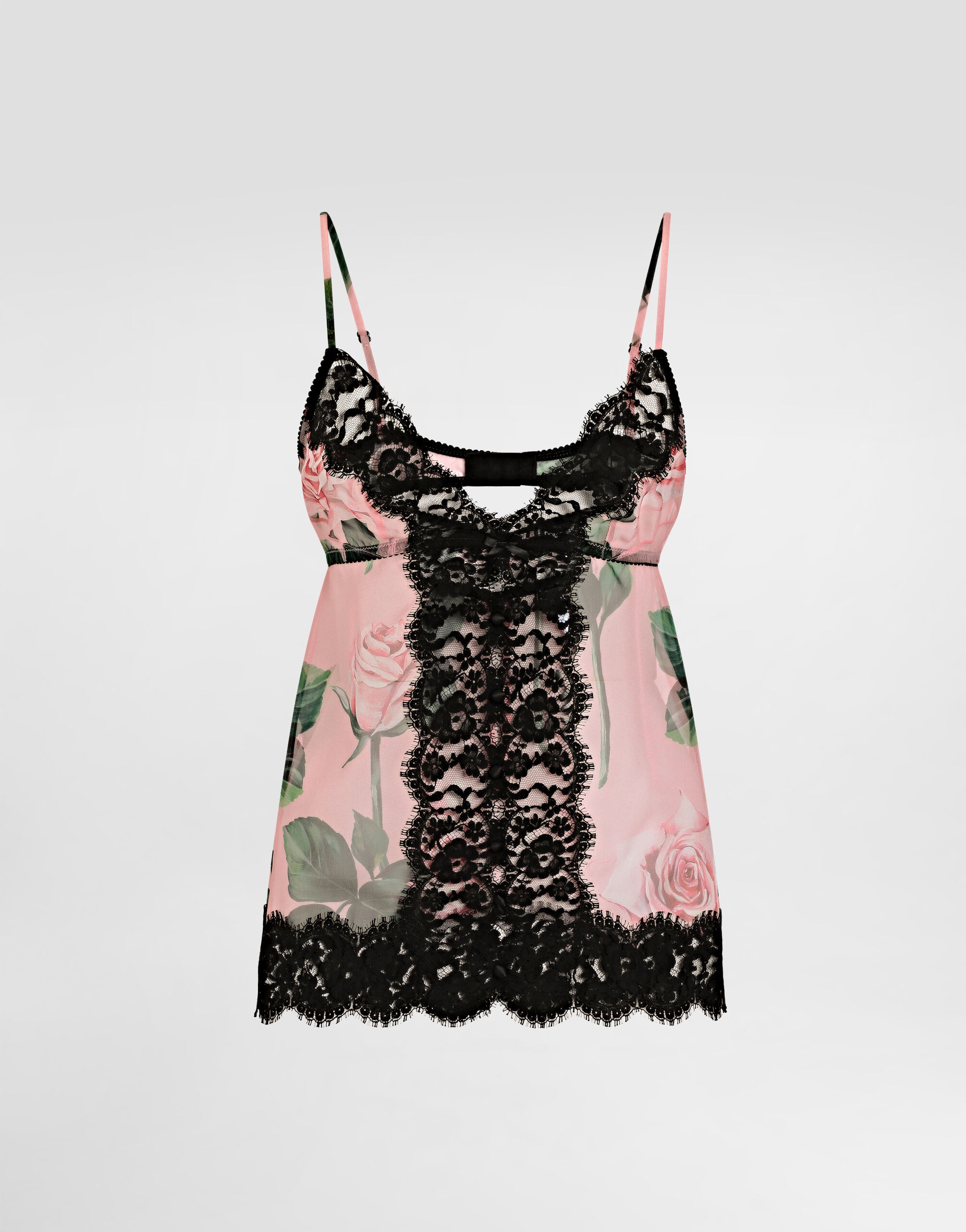 Chiffon and lace lingerie top with rose print - 1