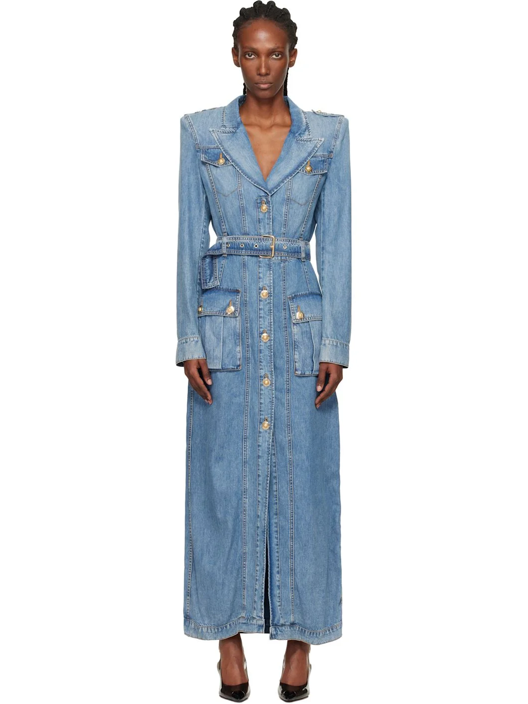 Blue Belted Long Denim Coat - 1