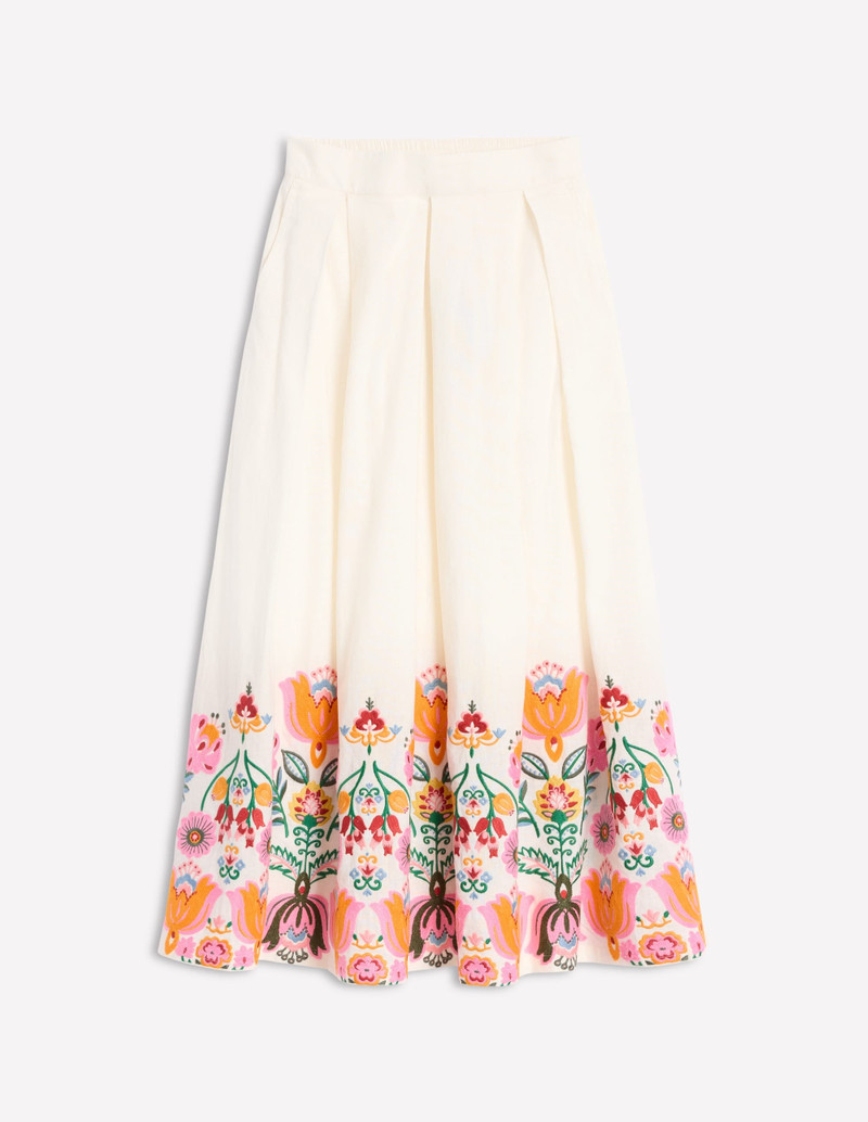 Verity Embroidered Linen Skirt-Ivory 1