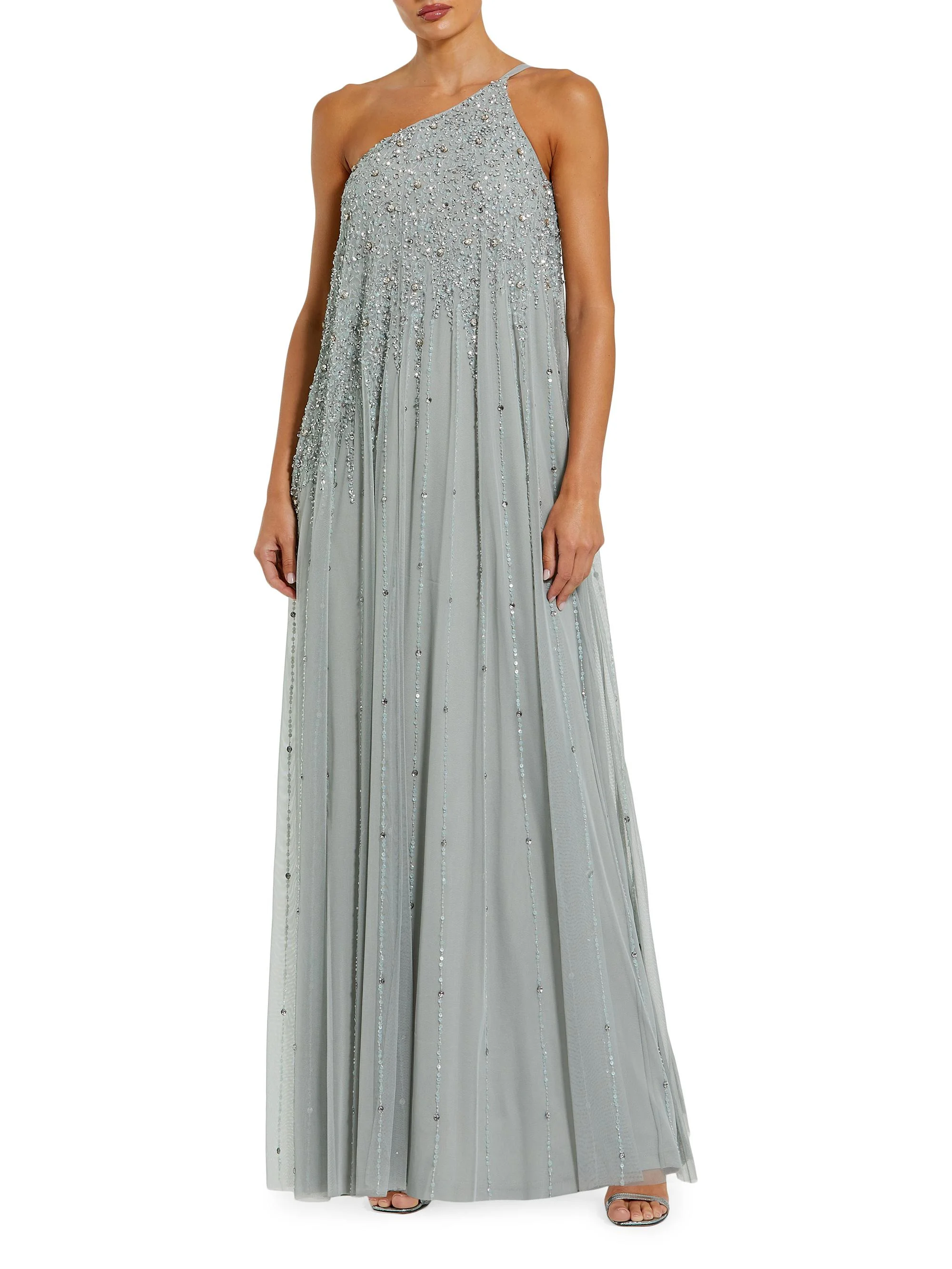Women's One-Shoulder Beaded Tulle Trapeze Gown - Sage - 1
