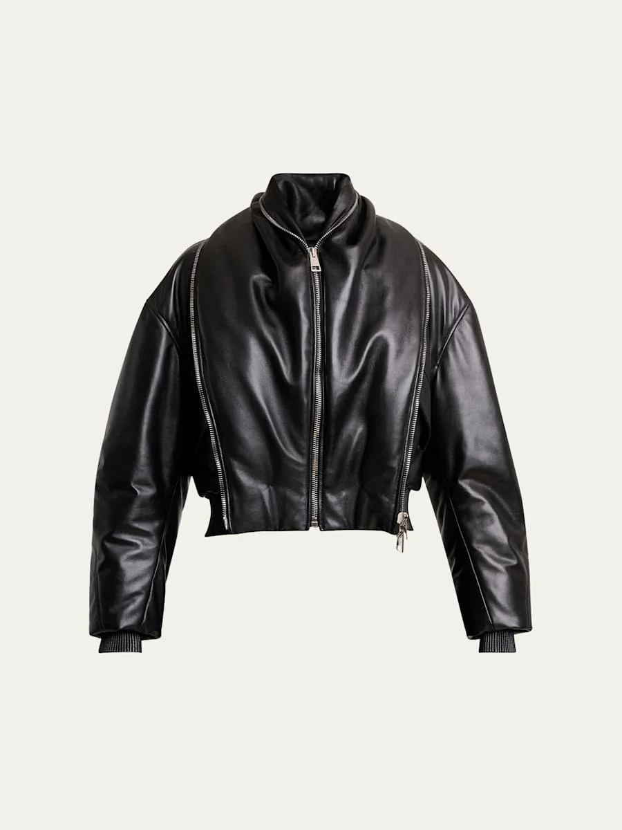 Double Shawl-Collar Leather Crop Bomber Jacket - 1