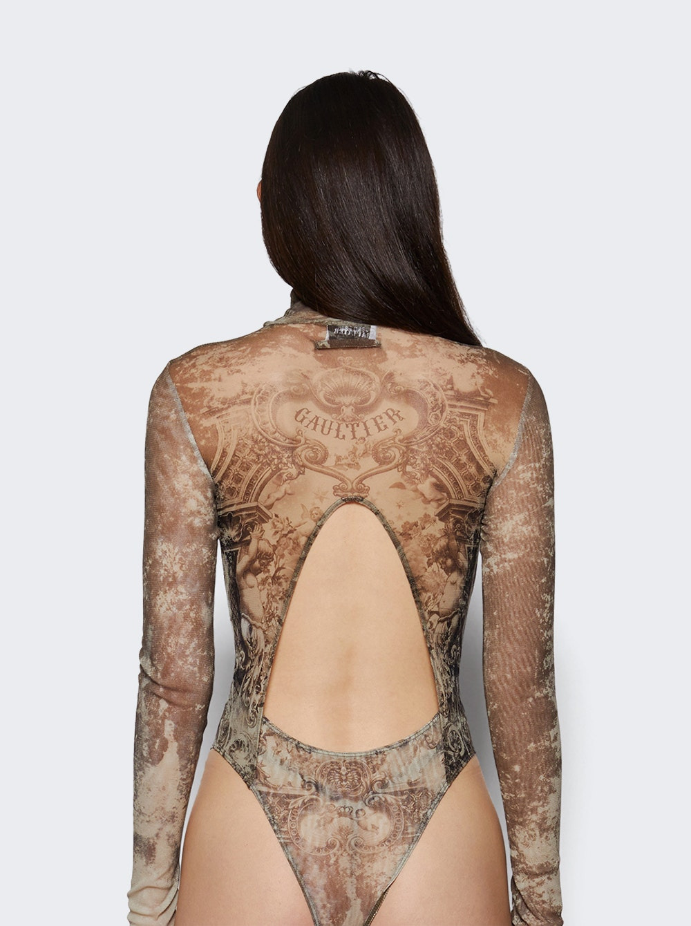 Open Back Mesh Bodysuit Beige Médaillon Print - 4