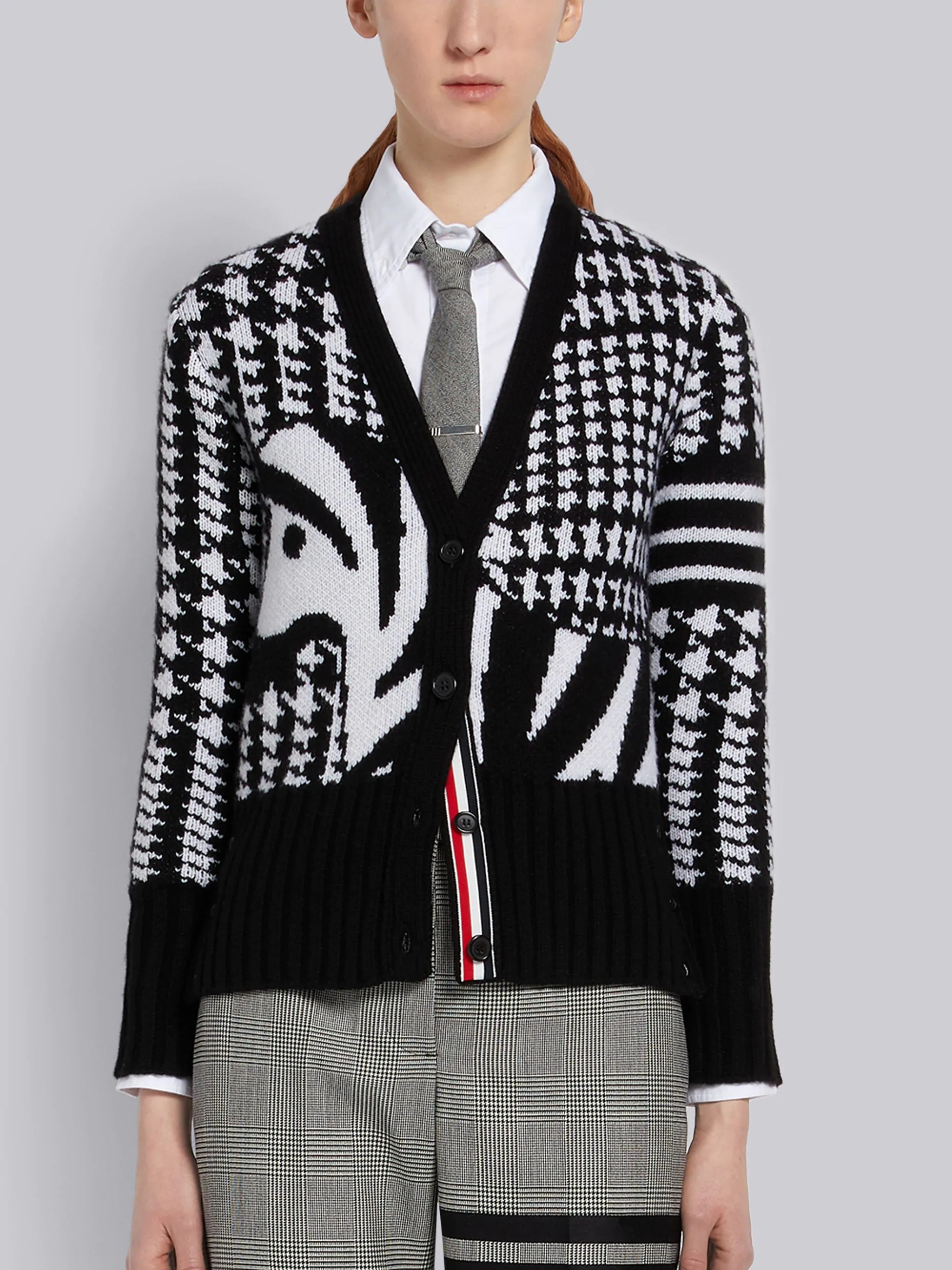 Black and White Cashmere Prince of Wales Zebra Icon Jacquard Classic V-Neck 4-Bar Cardigan - 1