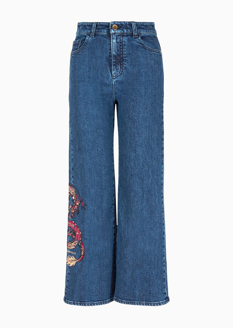 High-waisted cropped jeans in comfort denim with embroidery 1