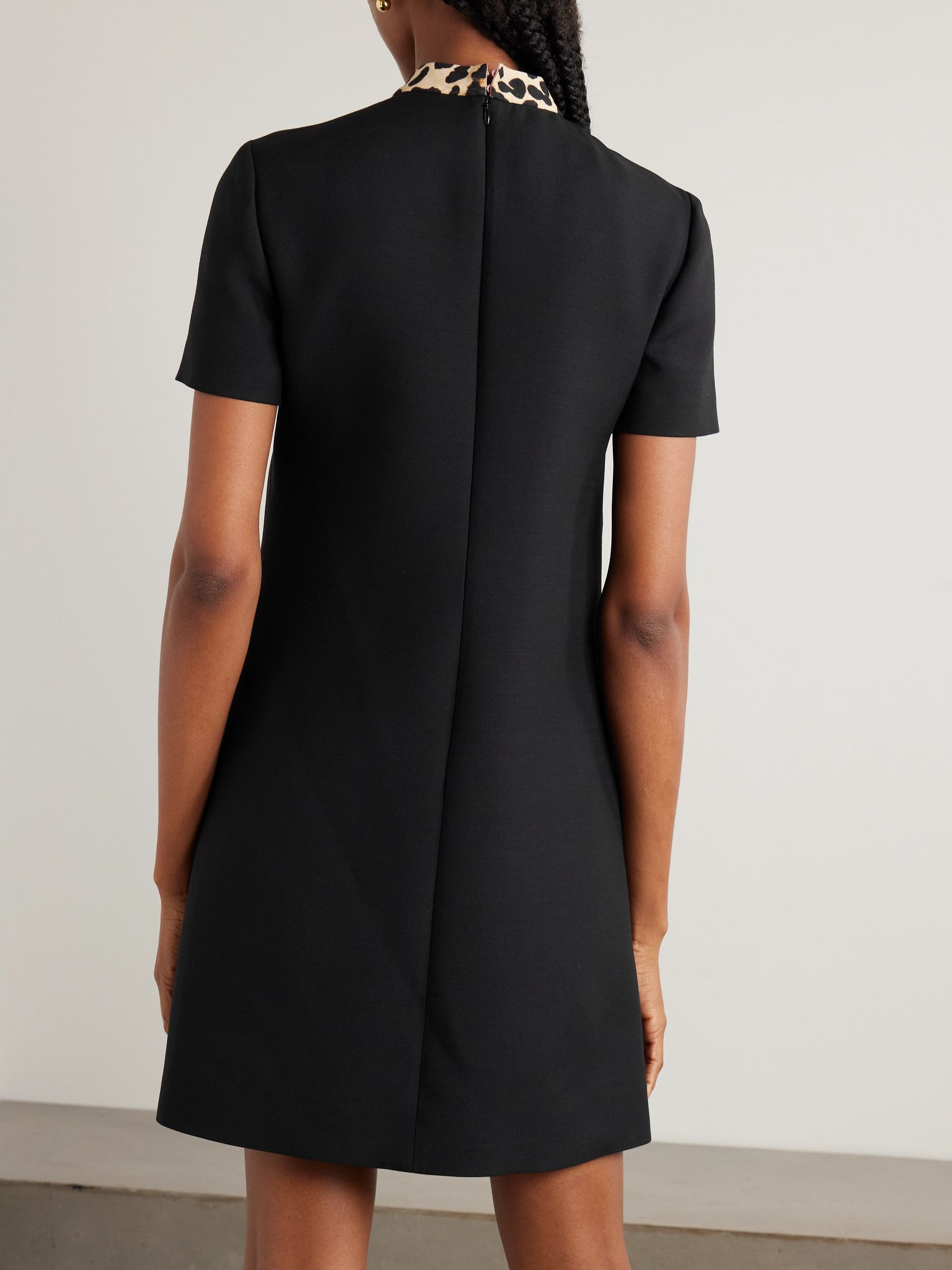 Embellished pussy-bow wool and silk-blend crepe mini dress Black - 3