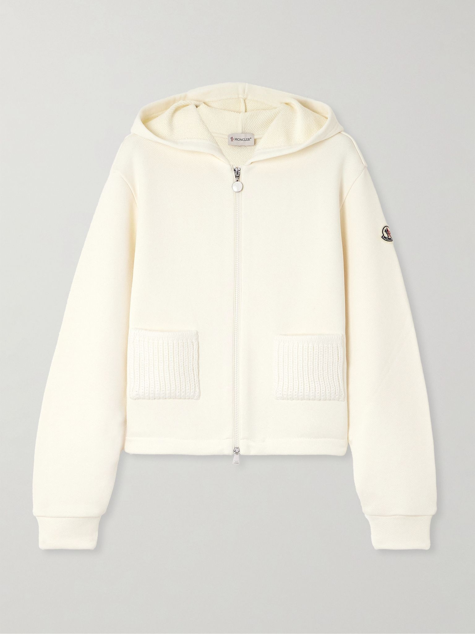 Ribbed knit-trimmed cotton-blend jersey hoodie Cream - 1