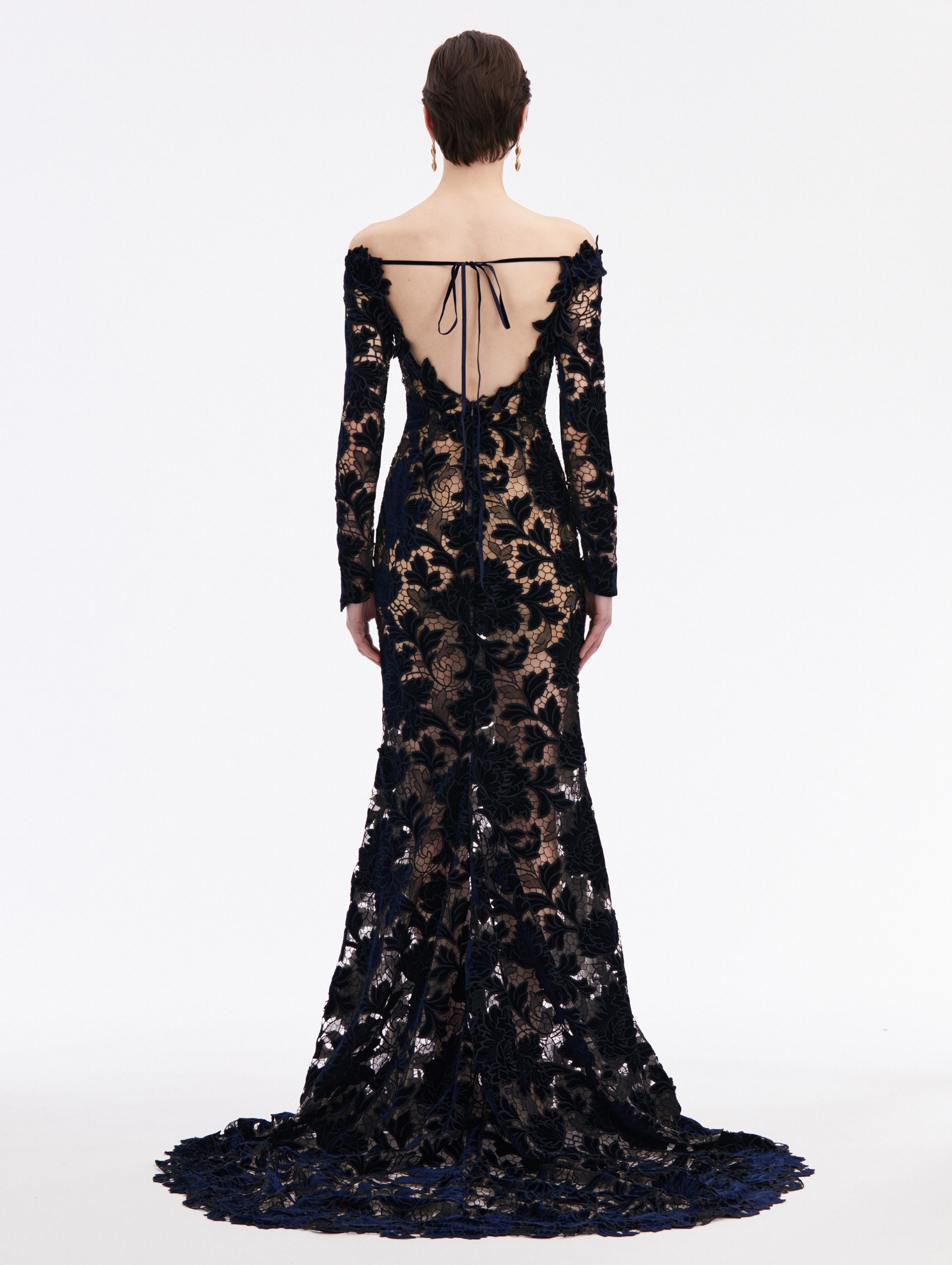 OFF SHOULDER PEONY VELVET GUIPURE GOWN - 2